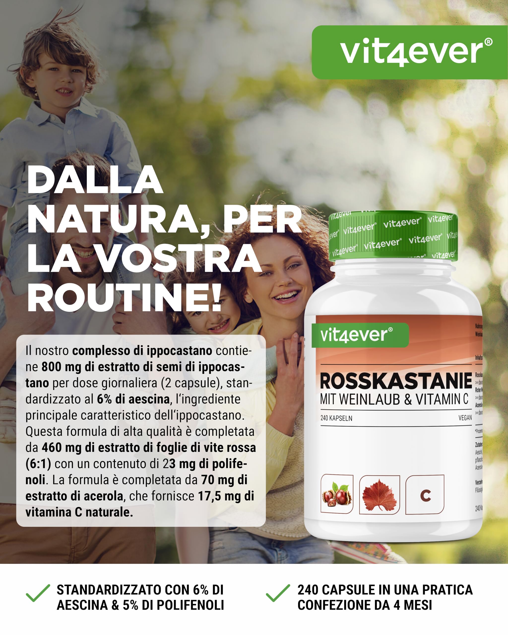 Estratto di ippocastano - 240 capsule - Dosaggio elevato con 1330 mg di estratto per dose giornaliera - Ippocastano con foglie di vite e vitamina C di acerola - Senza additivi indesiderati, vegano