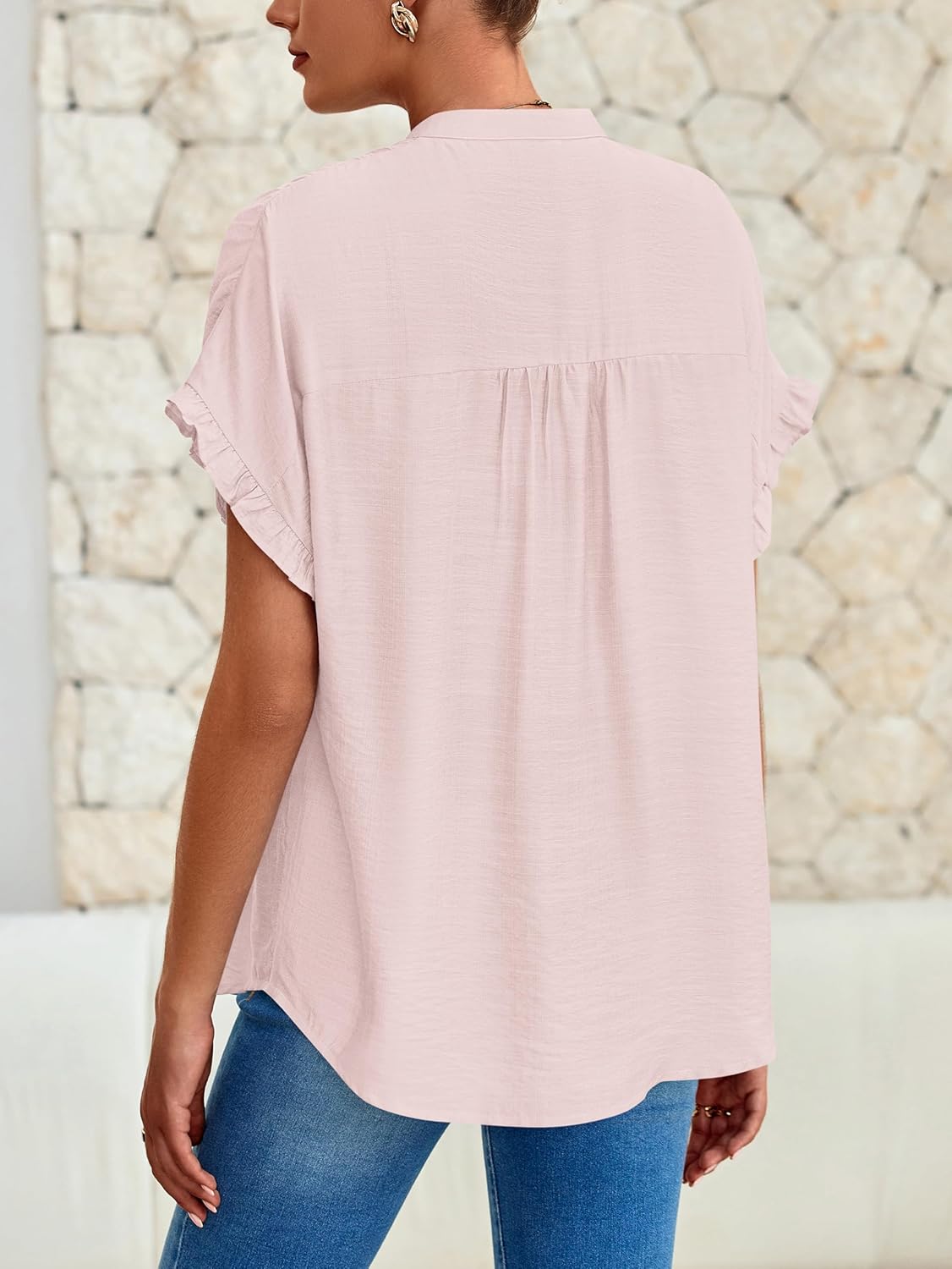 MASCOMODA Womens 2026 Button Down Shirts Ruffle Short Sleeve Loose Summer Tops Dressy Casual V Neck Business Work Blouses - Image 3