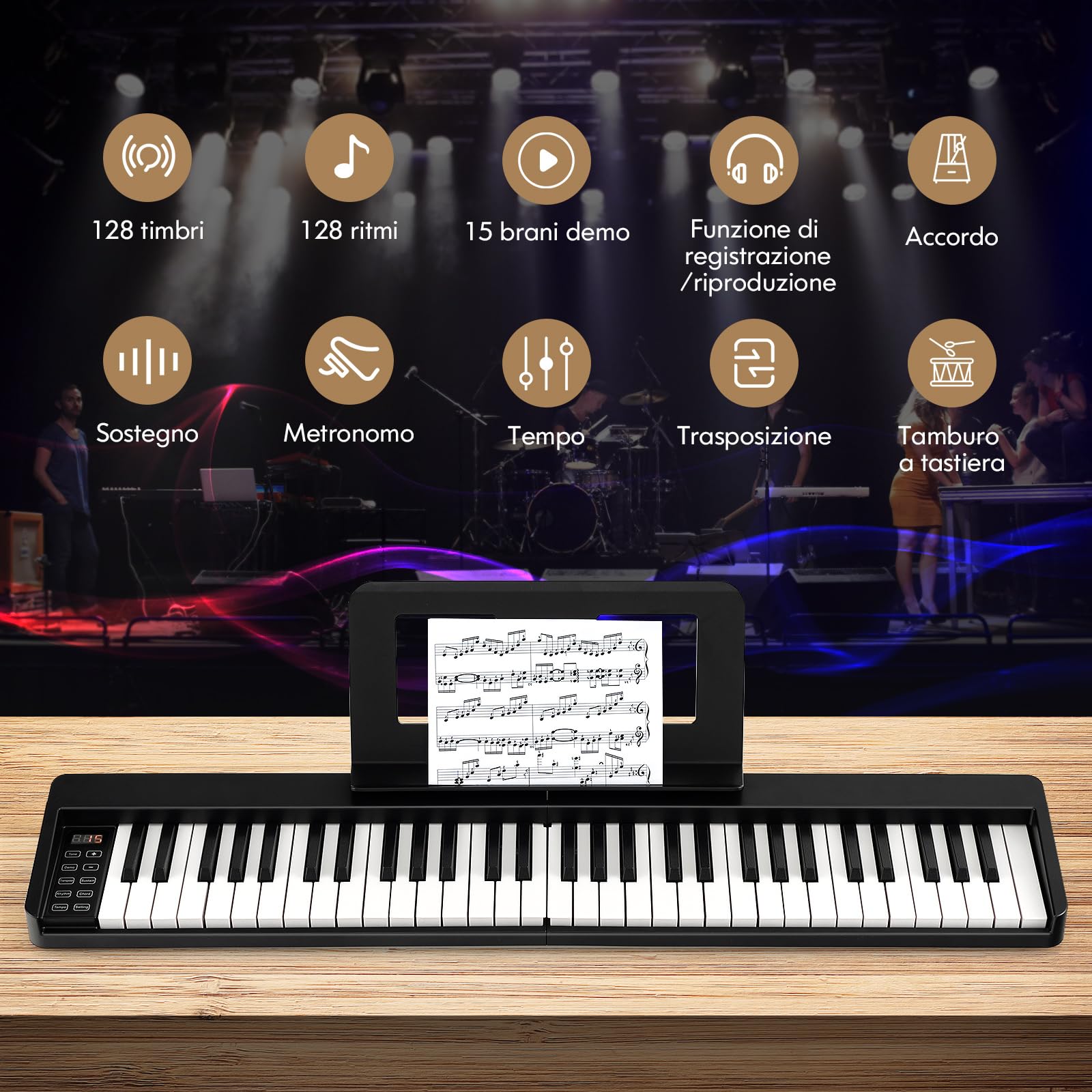 COSTWAY Pianoforte Digitale Pieghevole 61 Tasti, Tastiera Elettronica Portatile, con Tasti a Grandezza Standard Leggio Pedale Sustain MIDI Bluetooth e Borsa, per Principianti Bambini Adulti, Nero