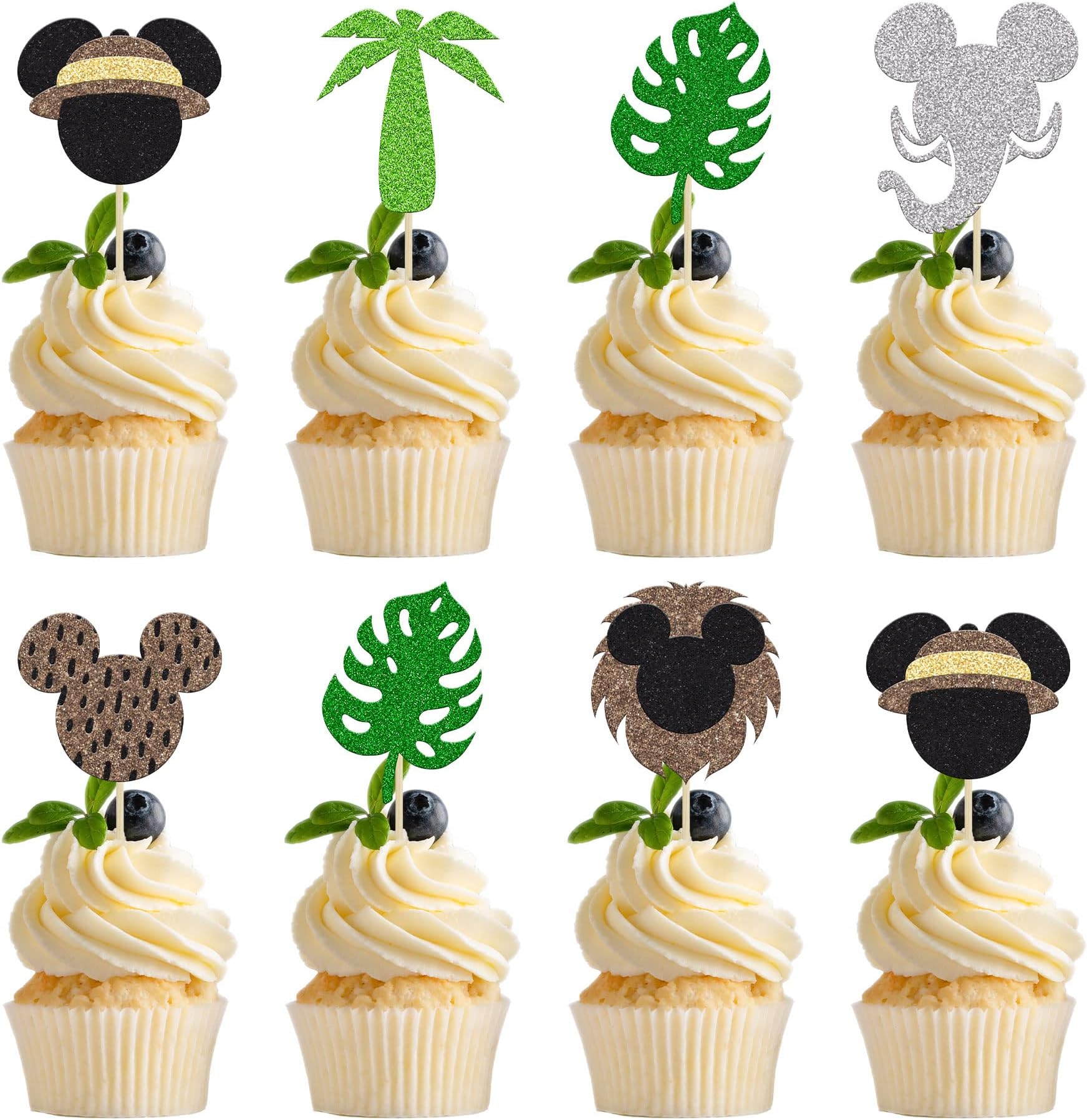 Gyufise 24Pcs Mouse Safari Cupcake Toppers Glitter Jungle Minnie Leaves Cupcake Picks Cute Animal Safari Cake Decorations Baby Shower Kids Birthday Micky Theme Party Supplies