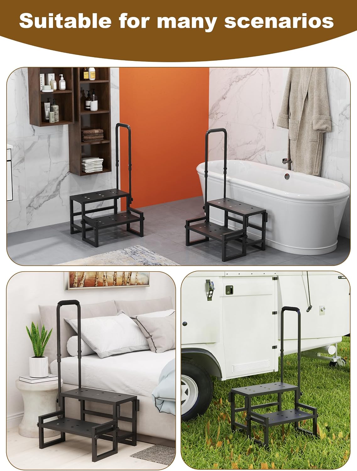Heavy Duty 2 Step Stool for Adults, Step Stool with Handle for Elderly, Bedside Steps with Adjustable Handrail for High Beds, Kitchen, Car, Bathtub, Hold up to 400LBS