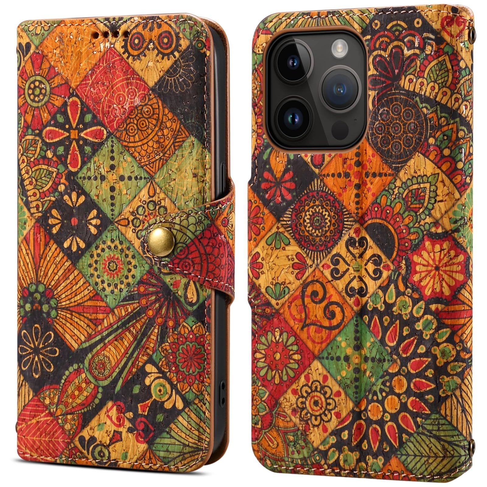 GuluGuru for iPhone 15 Leather Wallet Case, Retro Cork Wood Leather Folio Phone Case Flip Book Cover Magneitc Closure with Stand, ID Credit Card Holder Coin Cash Slot (Kaleidoscope Art Pattern)