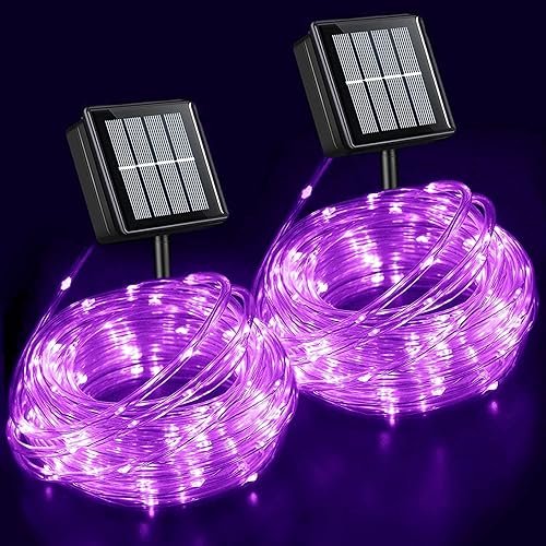 YEGUO Luces solares moradas para Halloween, 2 paquetes de luces LED de 33 pies cada uno con cadena de 100 luces LED impermeables para exteriores,