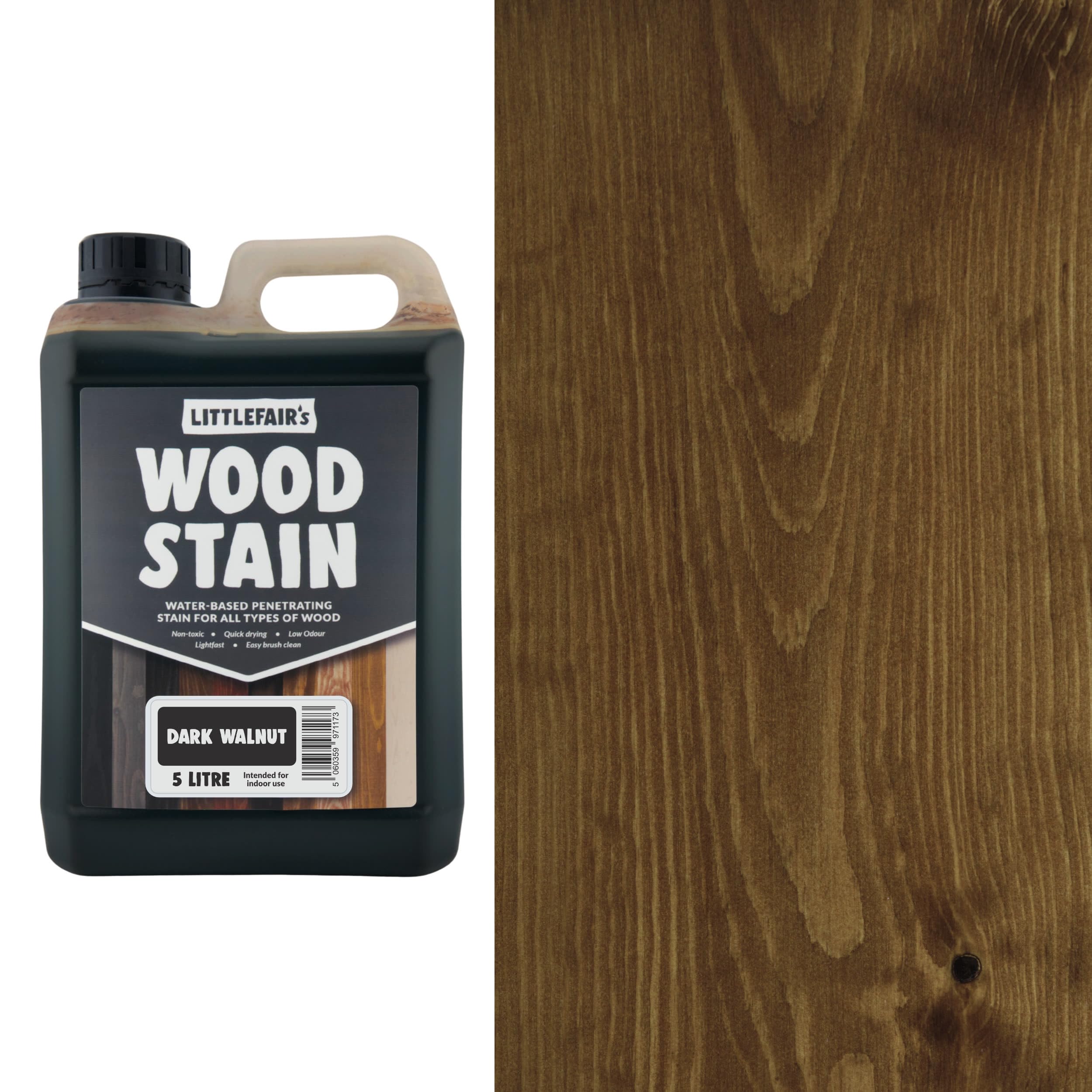 Littlefair's Dark Walnut Wood Stain Water-Based - (Dark Walnut) – Non-Toxic, Eco-Friendly & Quick Drying - Easy-To-Apply, Concentrated Formula For All Wood Types – 5 Ltr