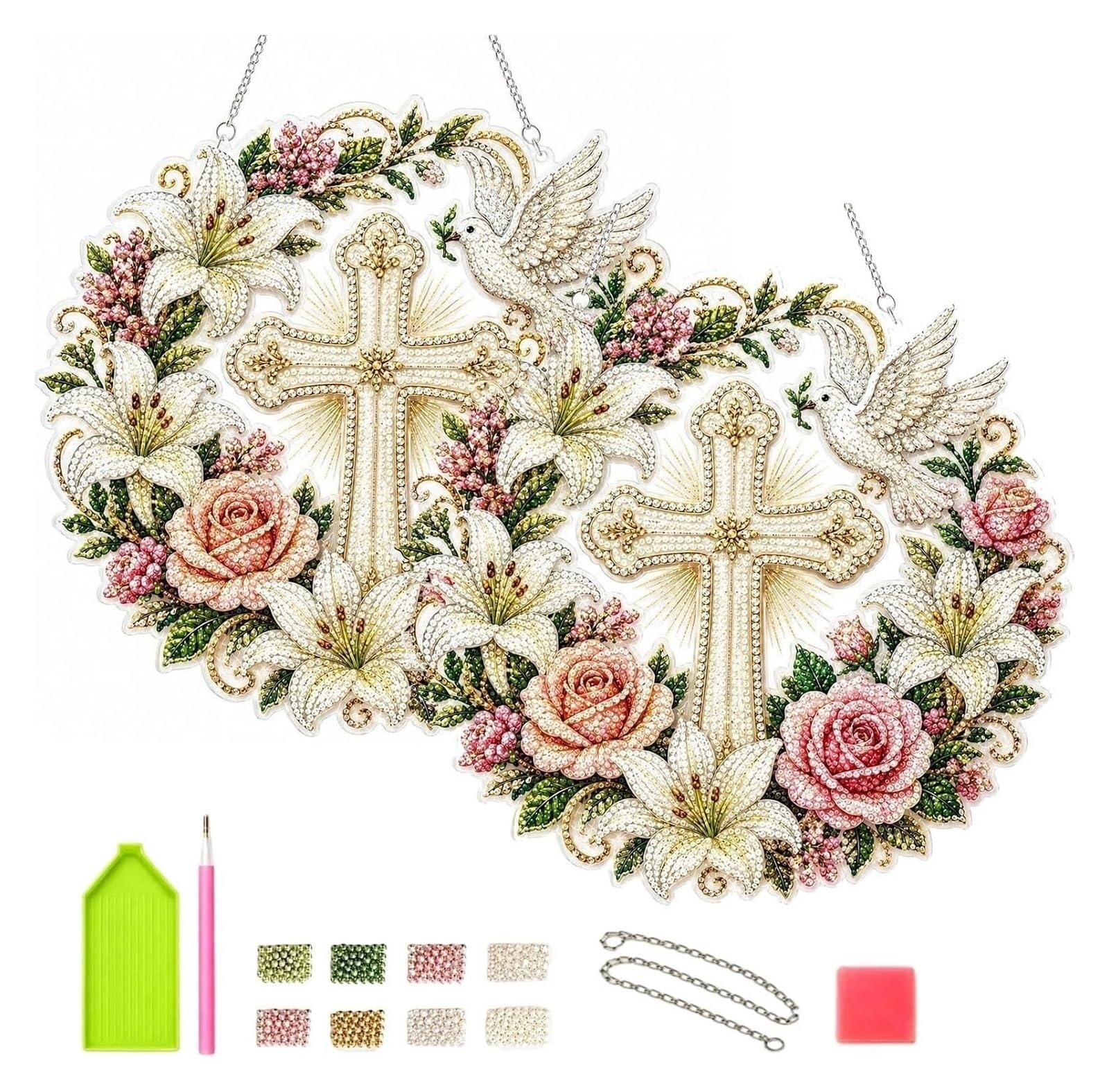 sloiaz Cross Flower Dove 5D Diamond Art Suncatcher Kit, Religious Acrylic Hanging Ornament for Adults