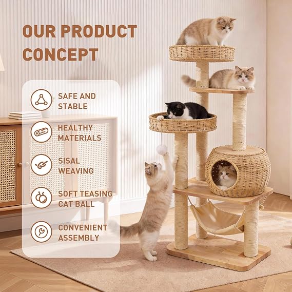 Wooden Cat Tree for Large Indoor Cats, 55in Modern Tall Cat Tower