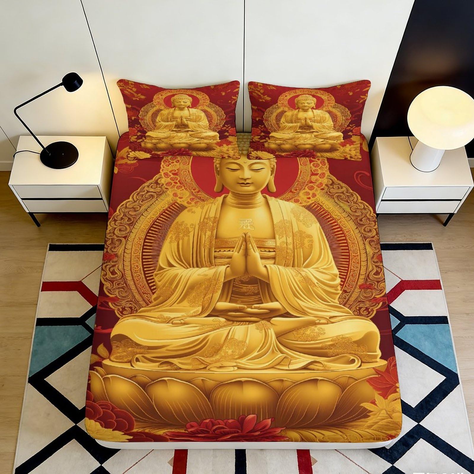 3D Printed Golden Buddha Fitted Sheet Microfiber Soft Decor Red Lotus Bed Cover for Bedroom Guest Room Dorm Mattress Protection 90x200x25cm