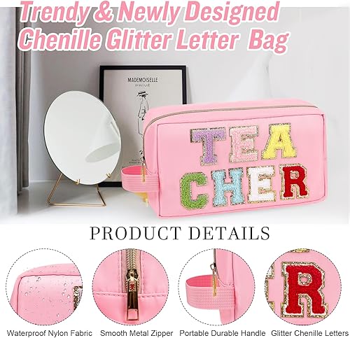 Miniatura 3 de izuzta Bolsa de maquillaje de parche preppy de nylon con letra de chenilla de nylon con mango, Rosa Rojo-COSAS