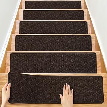 Stair Treads for Wooden Steps 15 Pack 8" 30" Stair Runner Non Slip Carpet Stair Treads with Reusabble Adhesive Peel and Stick Stair Mats for Kids Elders and Pets Polyester TPR Backing- Coffee Brown