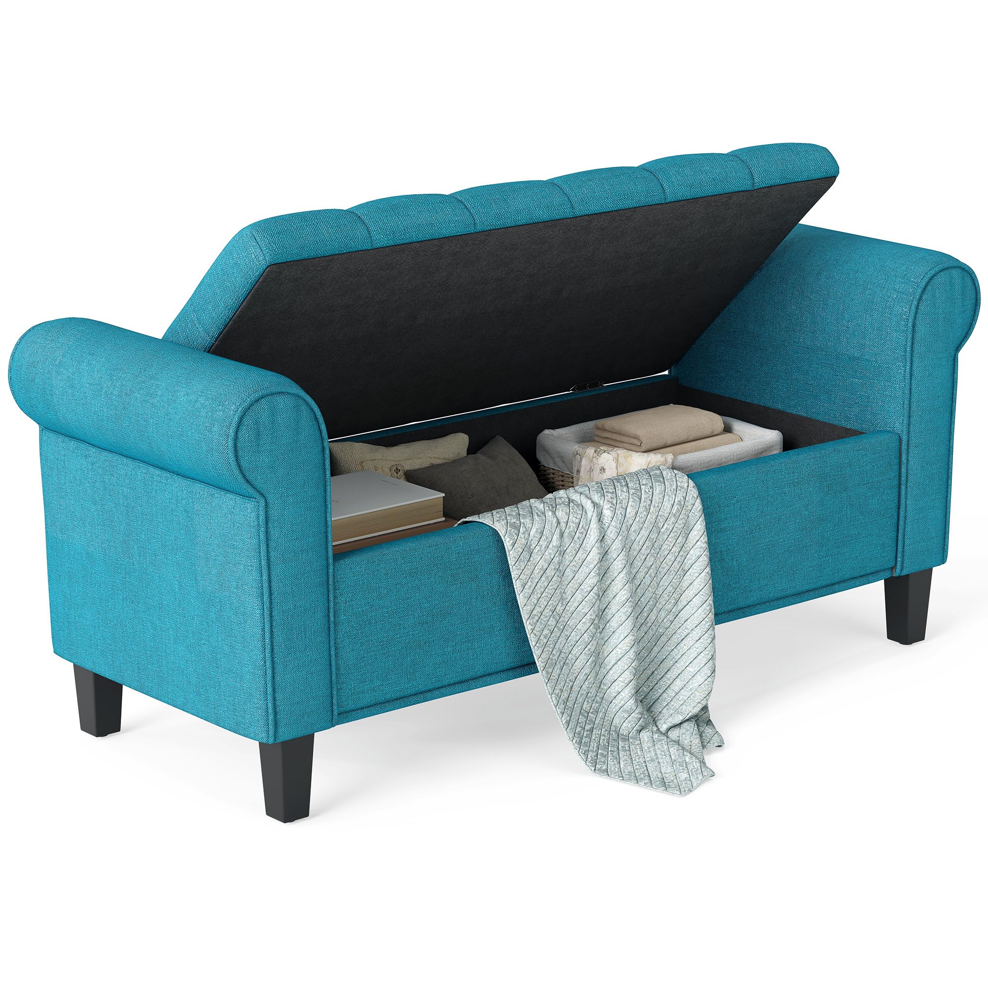 HOMCOM 50" Storage Ottoman Bench, Upholstered End of Bed Bench with Rolled Arms, Wood Legs, Button Tufted Storage Bench with Safety Hinges for Living