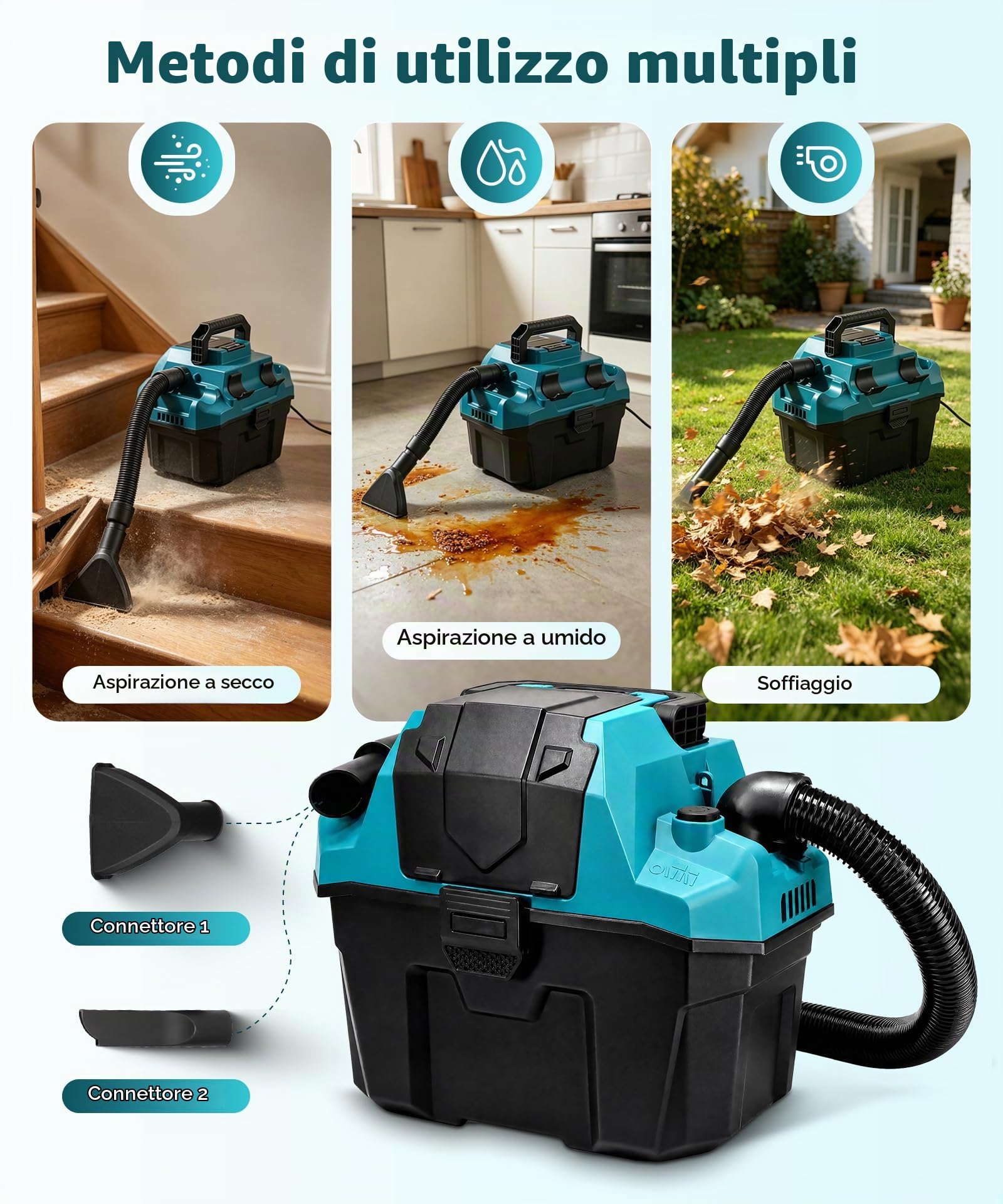 Aspirapolvere a batteria per bagnato e asciutto, 11 l, portatile con motore a spazzole, potenza di aspirazione 16 KPa, 200 W, aspirapolvere industriale senza fili per officina, auto, garage e casa