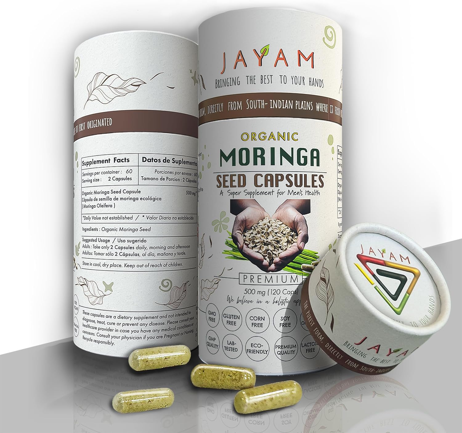 JAYAM Moringa Seed Capsules –100% Pure Organic | Supports Men's Energy, Metabolism, Immunity, Supports Skin/Gut Health with Reqd Vitamins, & Amino acids | Non-GMO | 2-Month Supply 120 Capsules 500mg