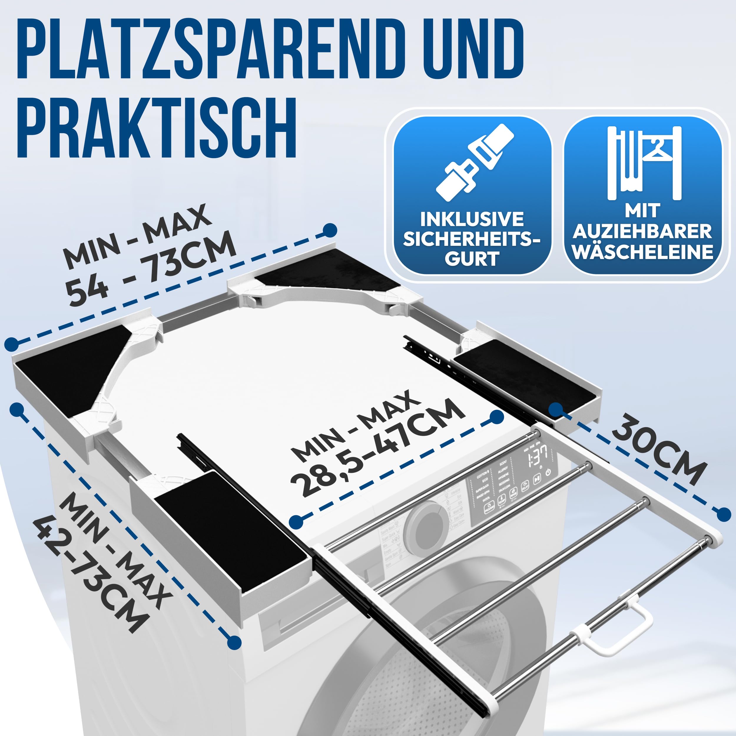 Zwischenbaurahmen mit Wäscheleine, verbindungsrahmen waschmaschine trockner universal - Einstellbare Größe -Verbindungsrahmen Zwischenbausatz mit ausziehbarer Handtuchhalter