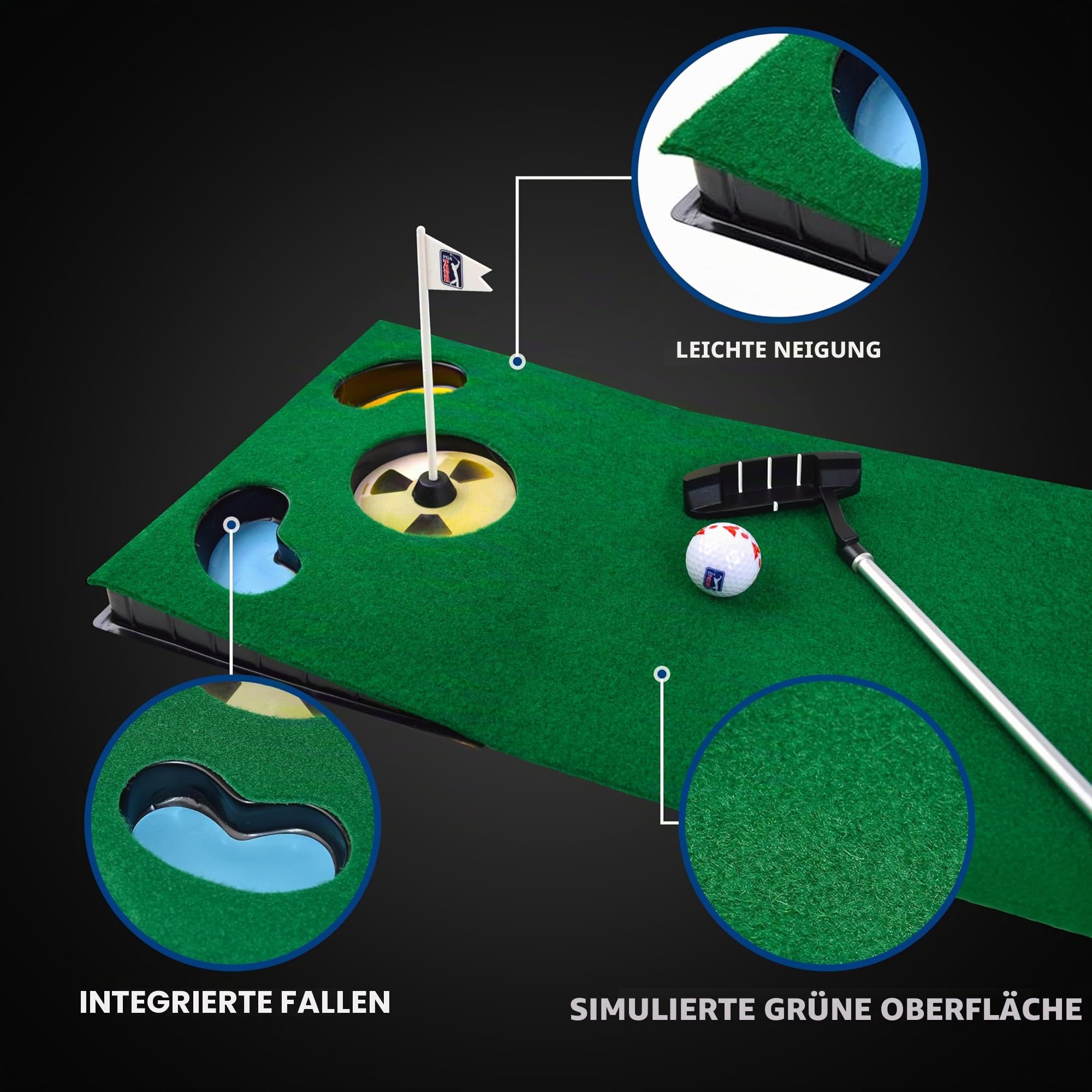 PGA Tour Putting-Matte mit zusammenklappbarem Putter und Ausrichtungsführung, 1,8 m