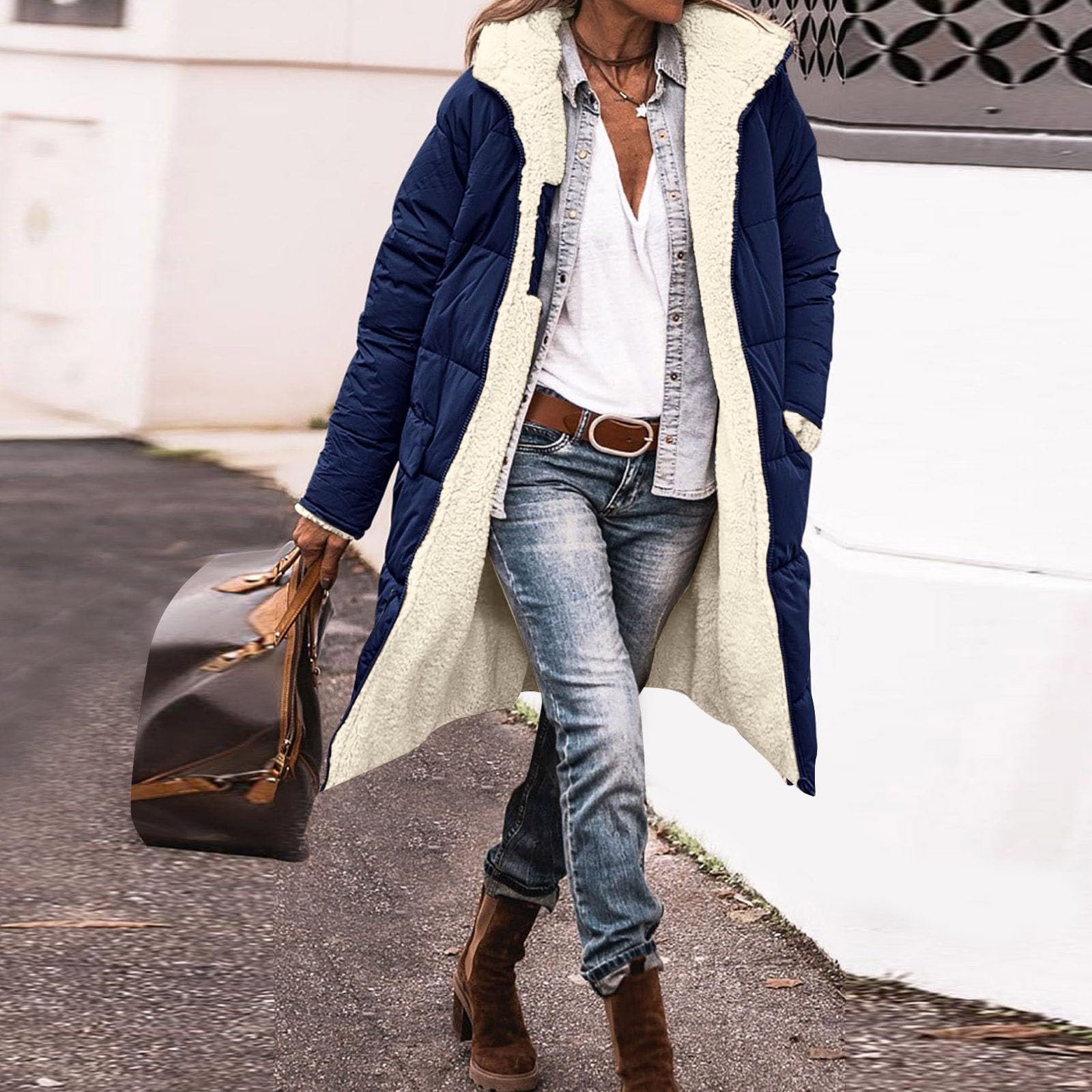 Genérico Abrigo De Plumas Mujer,Chaqueta Informal Con Cremallera Y Bolsillos Para Mujer Sudadera Con Capucha De Forro Polar Abrigo De Peluche Reversible Para Invierno