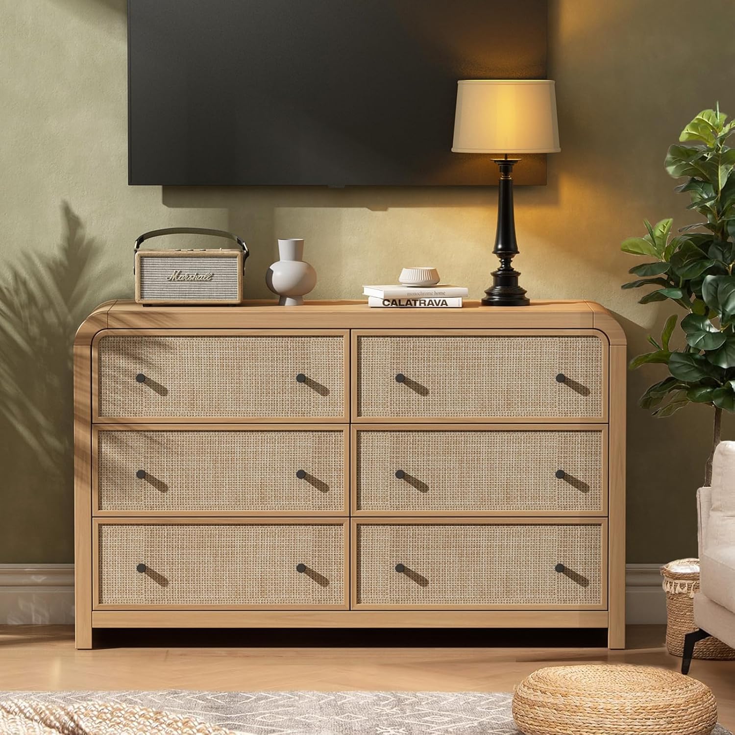 Oak&Sparrow 6 Drawer Dresser for Bedroom, 49'' Rattan Dresser with Ample Storage, Boho Chest of Drawers, Thickened Curved Profile Design, Oak Dressers for Bedroom, Living Room
