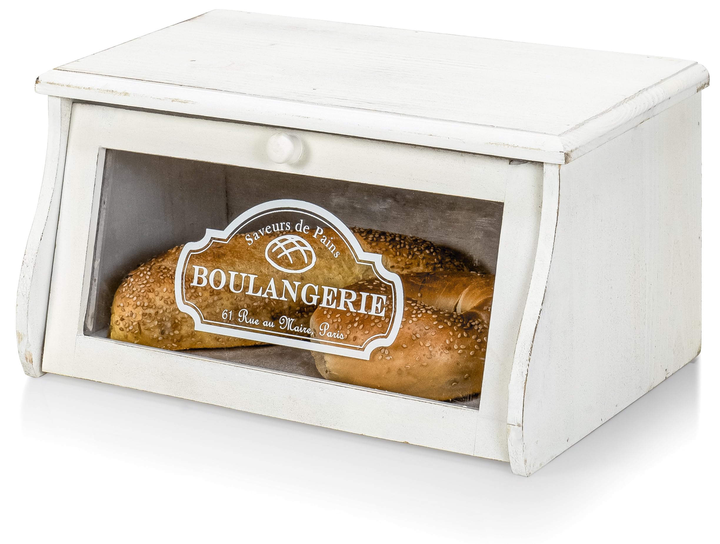 Red Co. 14”x 7” Distressed Wood Bread Storage Box with Acrylic Front & Knob Handle, White