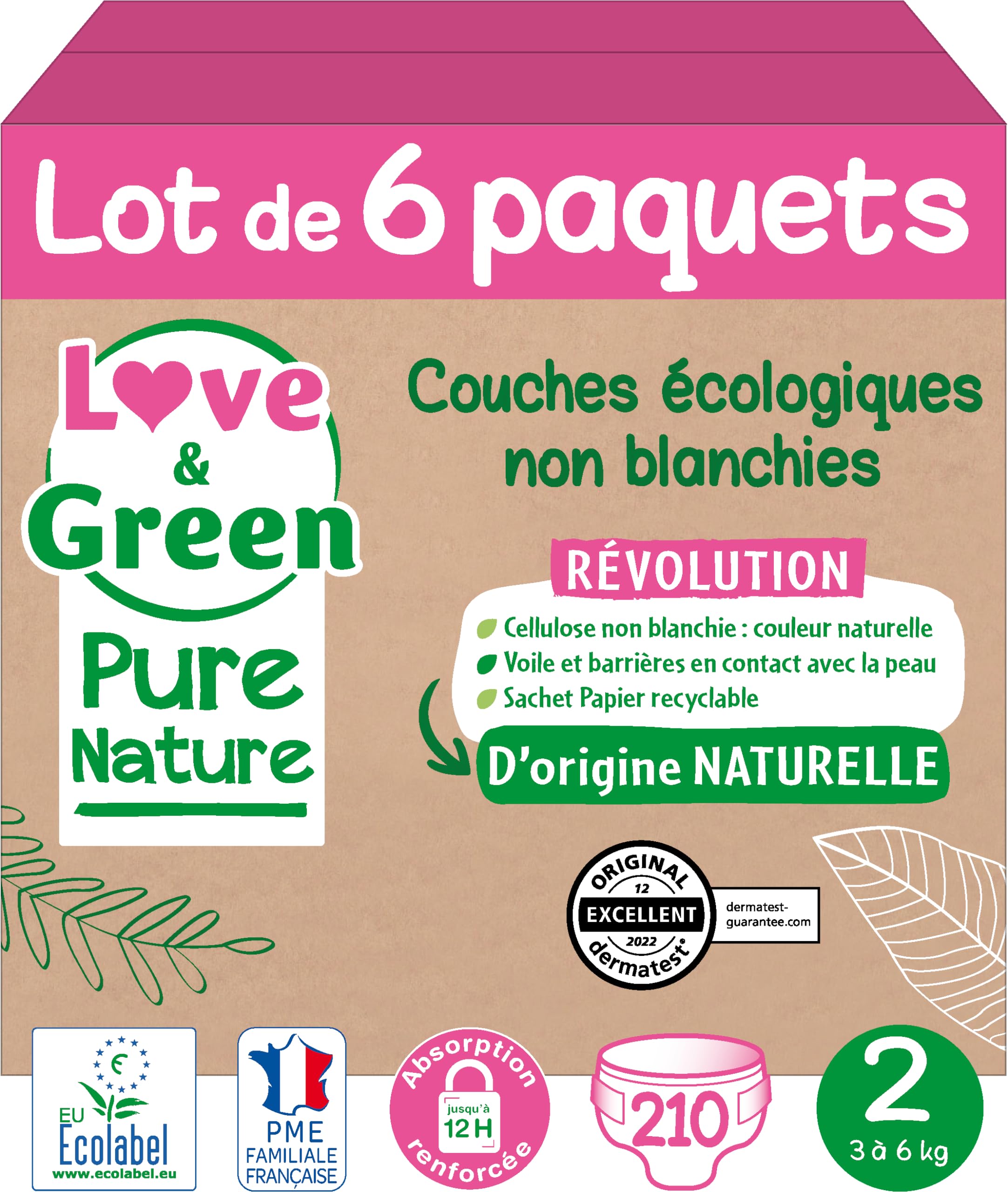 Love & Green Pure Nature Niebielone pieluchy ekologiczne T2 3-6 kg, zielone, rozmiar 2 (210 sztuk)