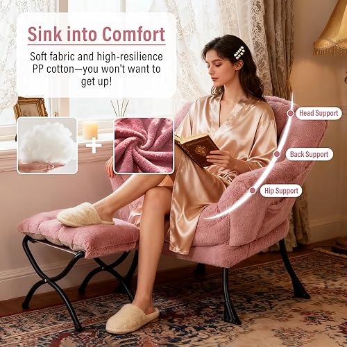 Miniatura 8 de Silla Lazy con otomana, silla moderna con reposapiés plegable, silla de acento de salón, cómoda silla de lectura (rosa oscuro de felpa)