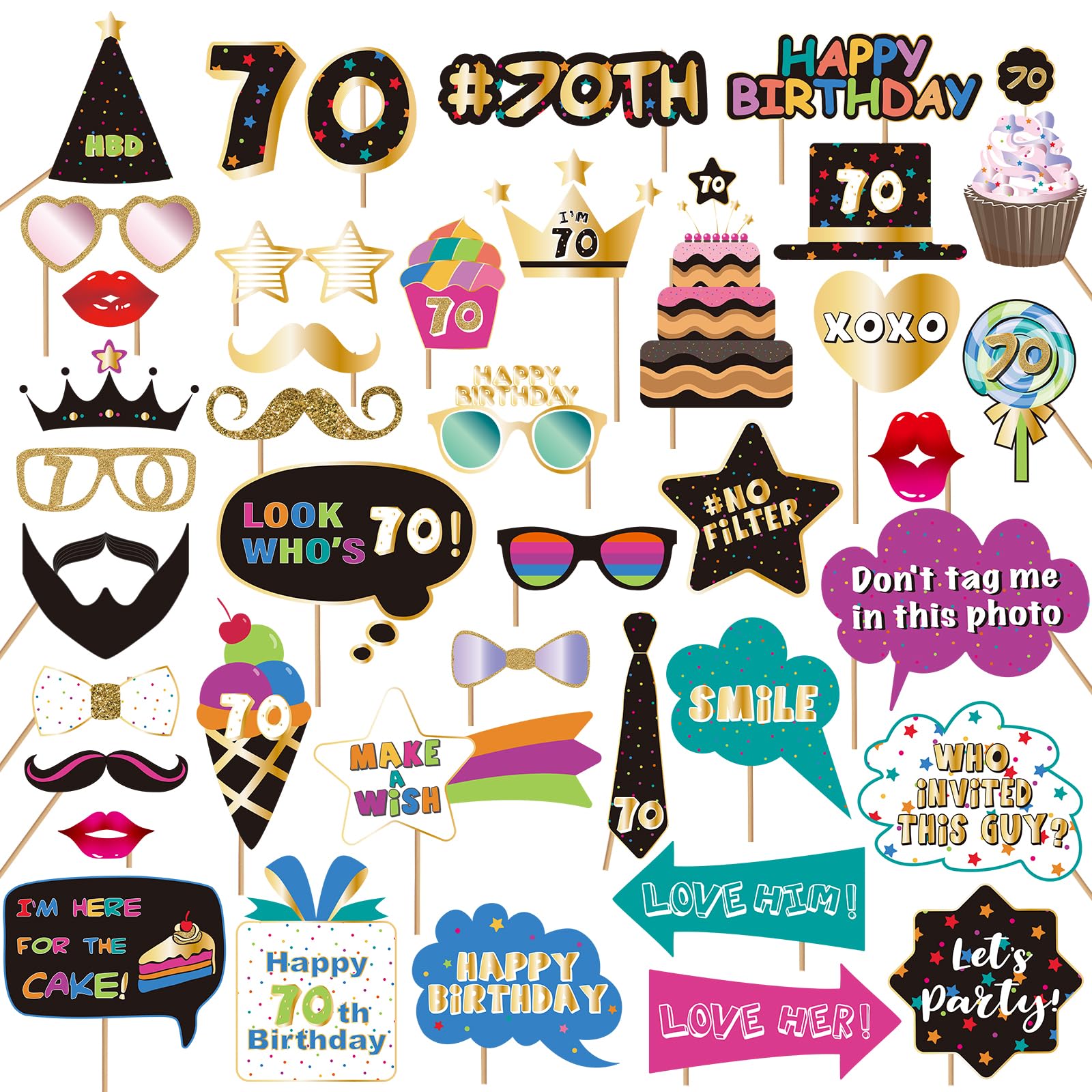 BRT Bearingshui 70th Birthday Party Photo Booth Props Accessories, 70th Happy Birthday Party Decorations Supplies Favors