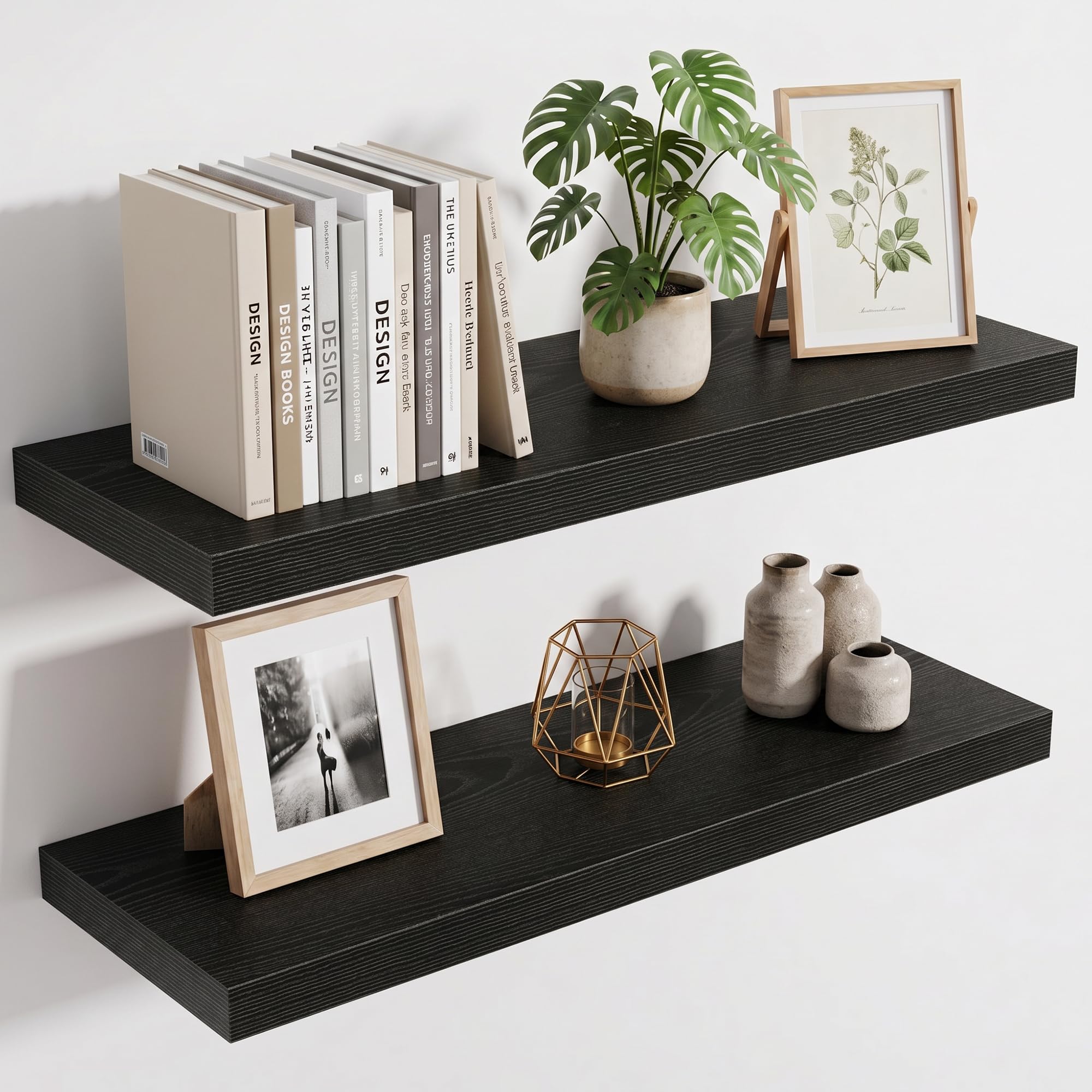 Acovy 25cm Extra Deep Floating Shelves, 80cm Long Wooden Wall Mounted Shelf, Wall Shelves for Living Room Bathroom Bedroom Kitchen, Black, Set of 2