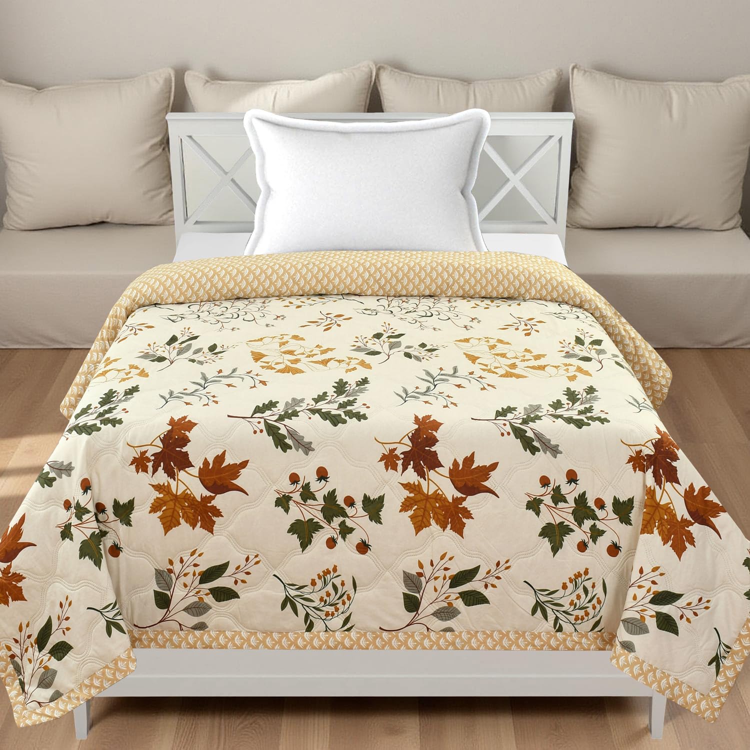 IVAZA Luxury Ultrasonic Punch AC Comforter Blanket – Quilted Microfiber Floral Pattern, Lightweight Breathable All‑Season Blanket for Bedroom, Travel (Singled Bed,228x152 CM) (Warm Cream)