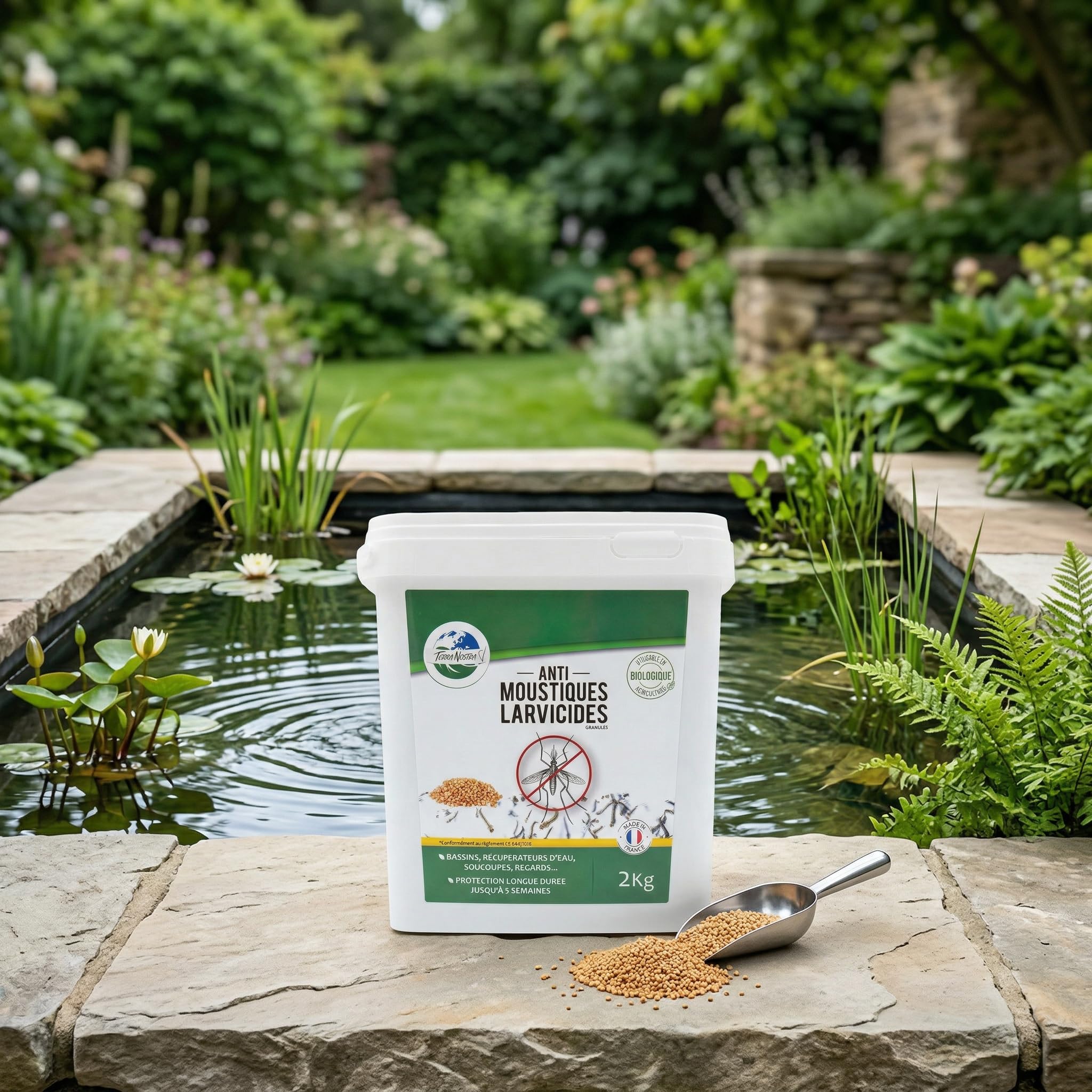 TERRA NOSTRA Anti Moustiques – Larvicide Moustiques – BTI – Traitement Larves Eau Stagnante Jusqu’à 1000m² – Compatible Fosse Septique – Fabriqué en France – Seau 2kg