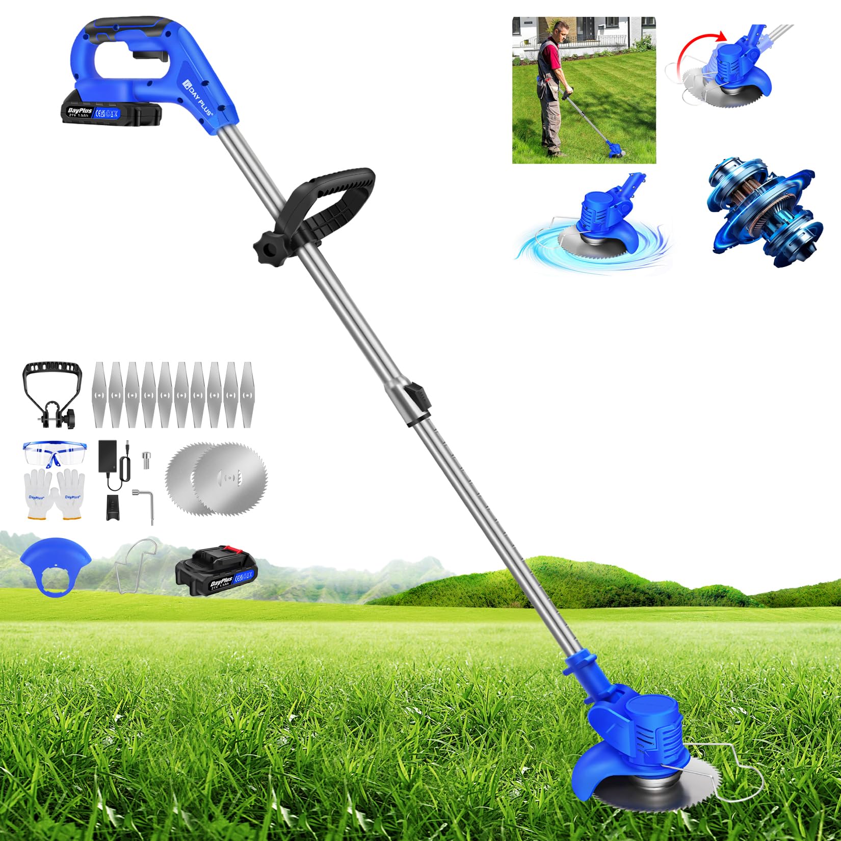 Banas Metal Blade Strimmer Cordless Electric 21V Grass Trimmer Battery Strimmer with Blades 15.5cm Cutting Diameter, 1 Battery, Charger & Quick Change Spare Blades Included, Suitable for Garden Lawn
