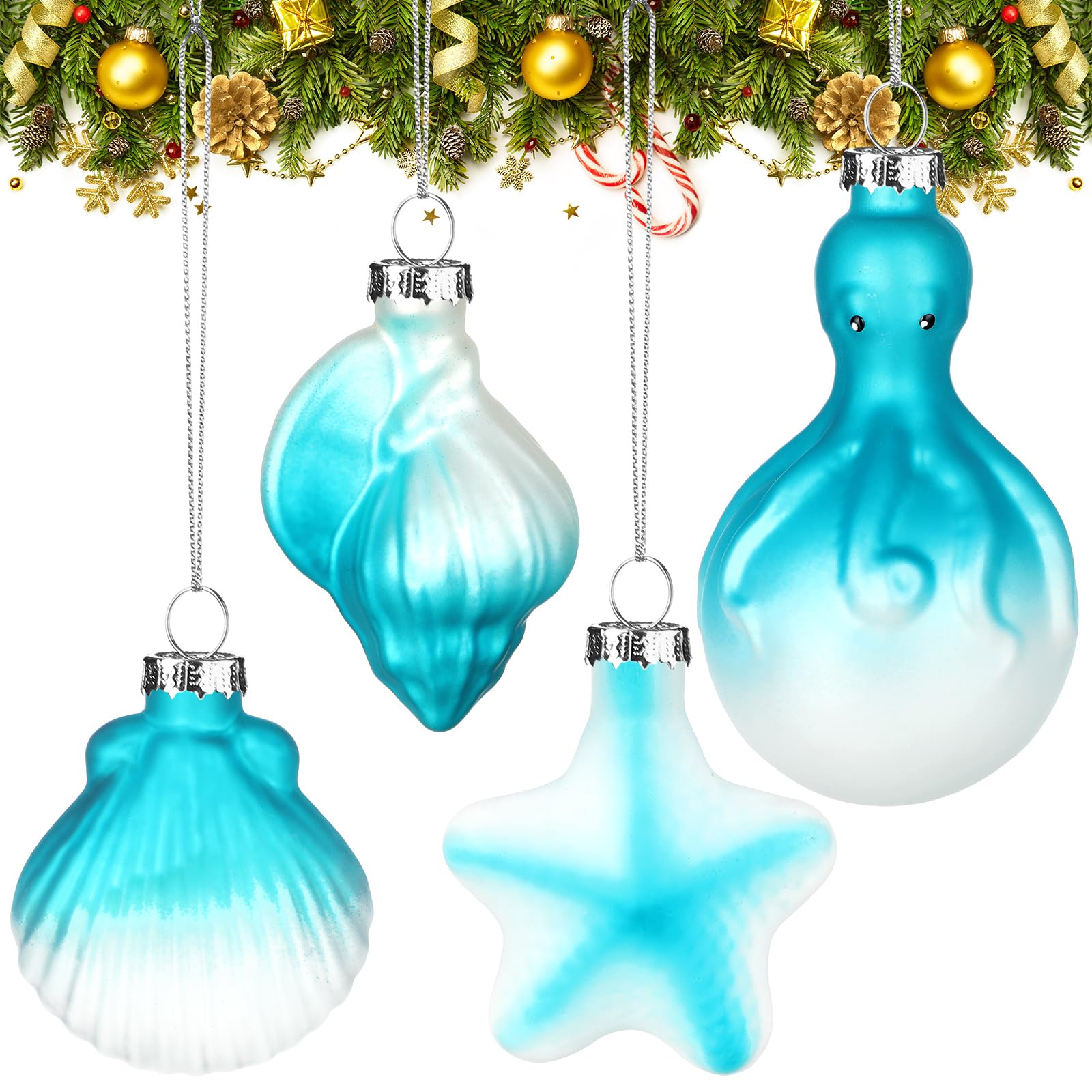 4 Pcs Coastal Christmas Tree Ornaments Christmas Hand Blown Glass Ornaments Ocean Animals Hanging Decor Blue and White Xmas Hanging Ornaments for Christmas Tree Ocean Themed Party Decoration