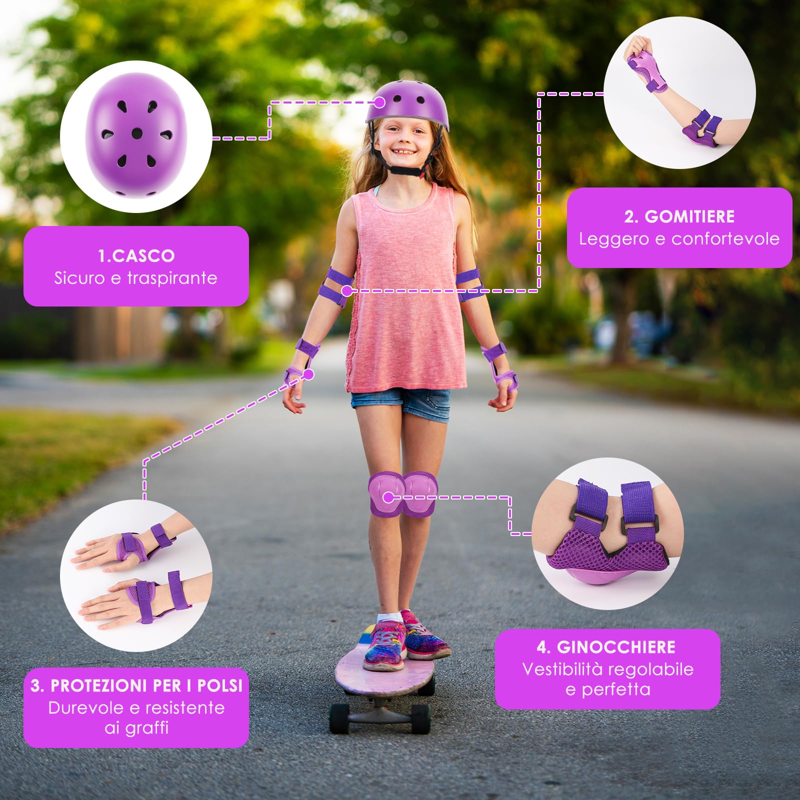 ZWOOS Protezioni Skateboard Bambino,Protezioni Bici Bambino con Casco Regolabile Ginocchiere Gomitiere, Protezioni Skateboard Bambini per Skateboard,Bicicletta,Pattinaggio, Monopattino (viola)
