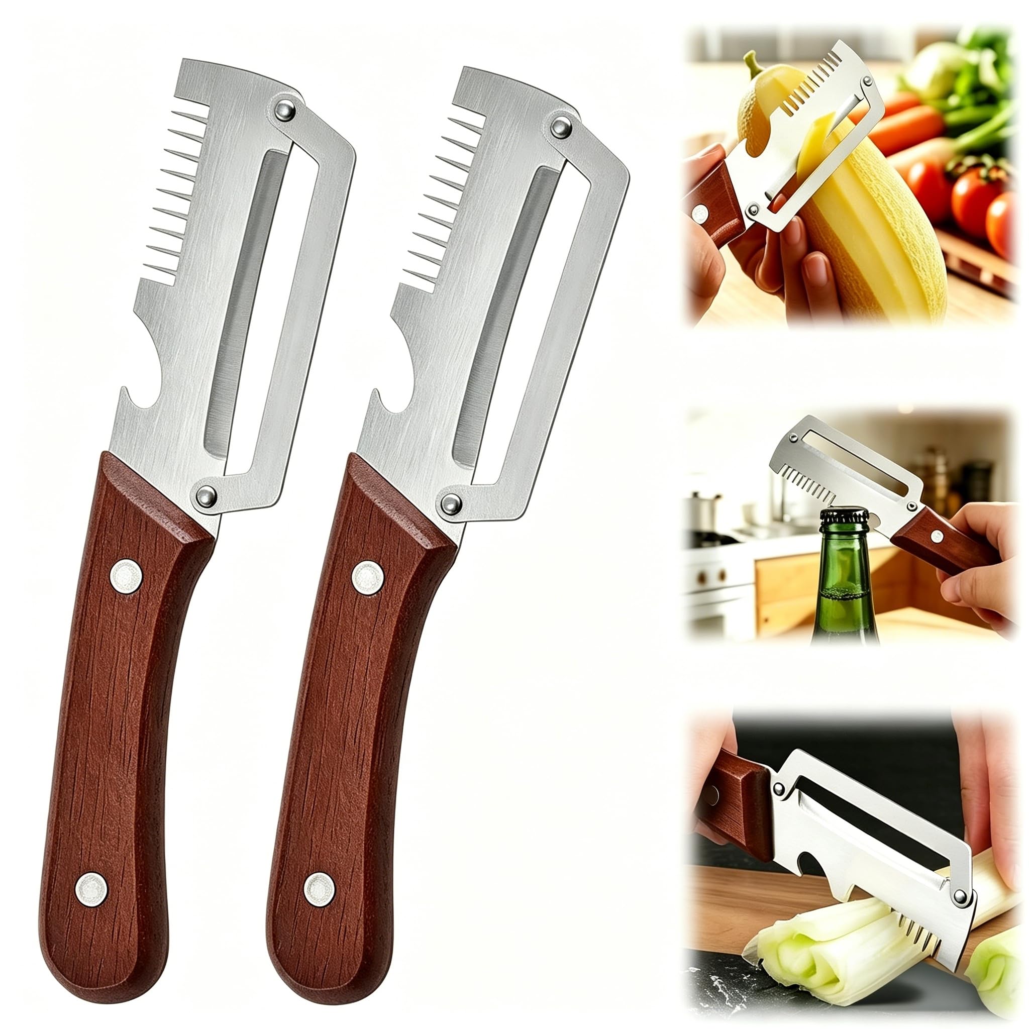 Pelapatate Utensile Multifunzione, 2026 Nuovo Pela Patate Professionale, Pelapatate Acciaio Inox Con Manico in Legno E Apribottiglie per Frutta e Verdura da Cucina (2PCS)