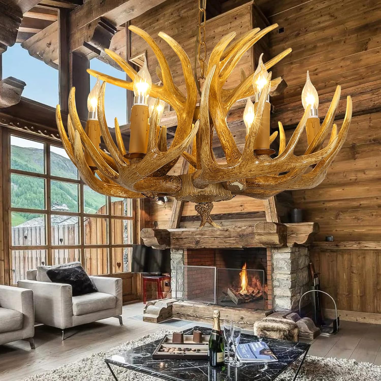 Antler Chandelier 6 Light, Resin Deer Antler Chandelier Lighting, Rustic Antler Ceiling light Fixtures with E12 Base, Christmas Antler Chandelier Decorations for Dining Room Porch Kitchen Entryway 6 Light +3 Arms