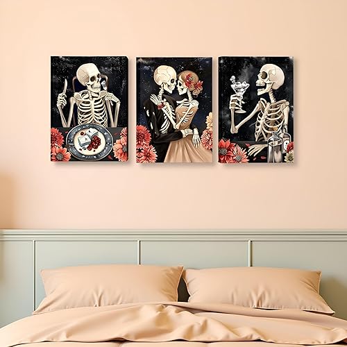 Miniatura 5 de FuShvre Arte de pared gótico para comedor, cuadros de esqueleto, pintura sobre lienzo, romántica para el hogar, cocina, restaurante, decoración de