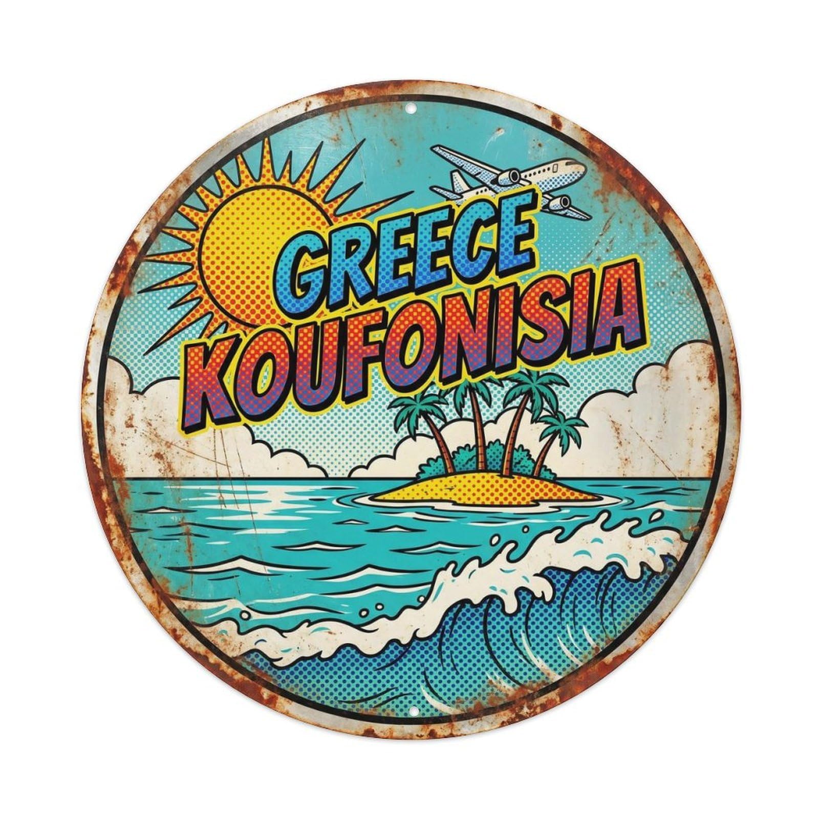 Koufonisia Turquoise Greek Comic Color Classic Scenery Metal Tin Sign Plaque Wall Decor for Cafe, Man Cave, Club Bar, Office, Home Garden Round Metal Poster 8x8Inch