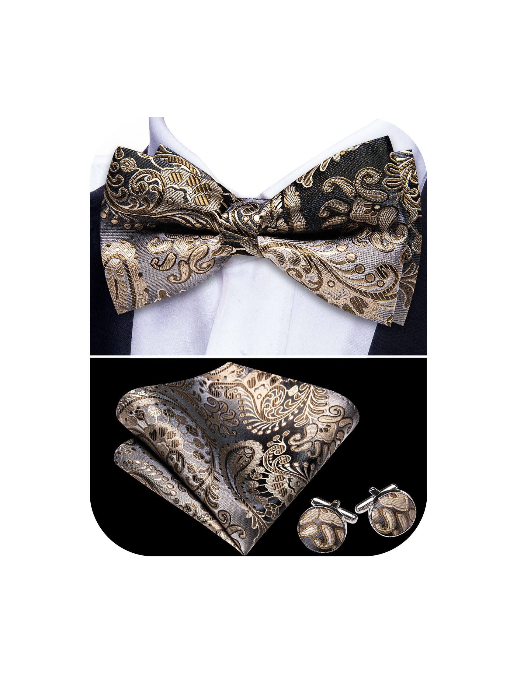 Barry.Wang Paisley Striped Bow Tie for Men Silk Pre-Tied Bowtie Set | Woven Mens Bowties,Pocket Square Cufflinks Set,Formal,Casual,Wedding,Party,Prom,Graduation,Festival,Classic,Elegant