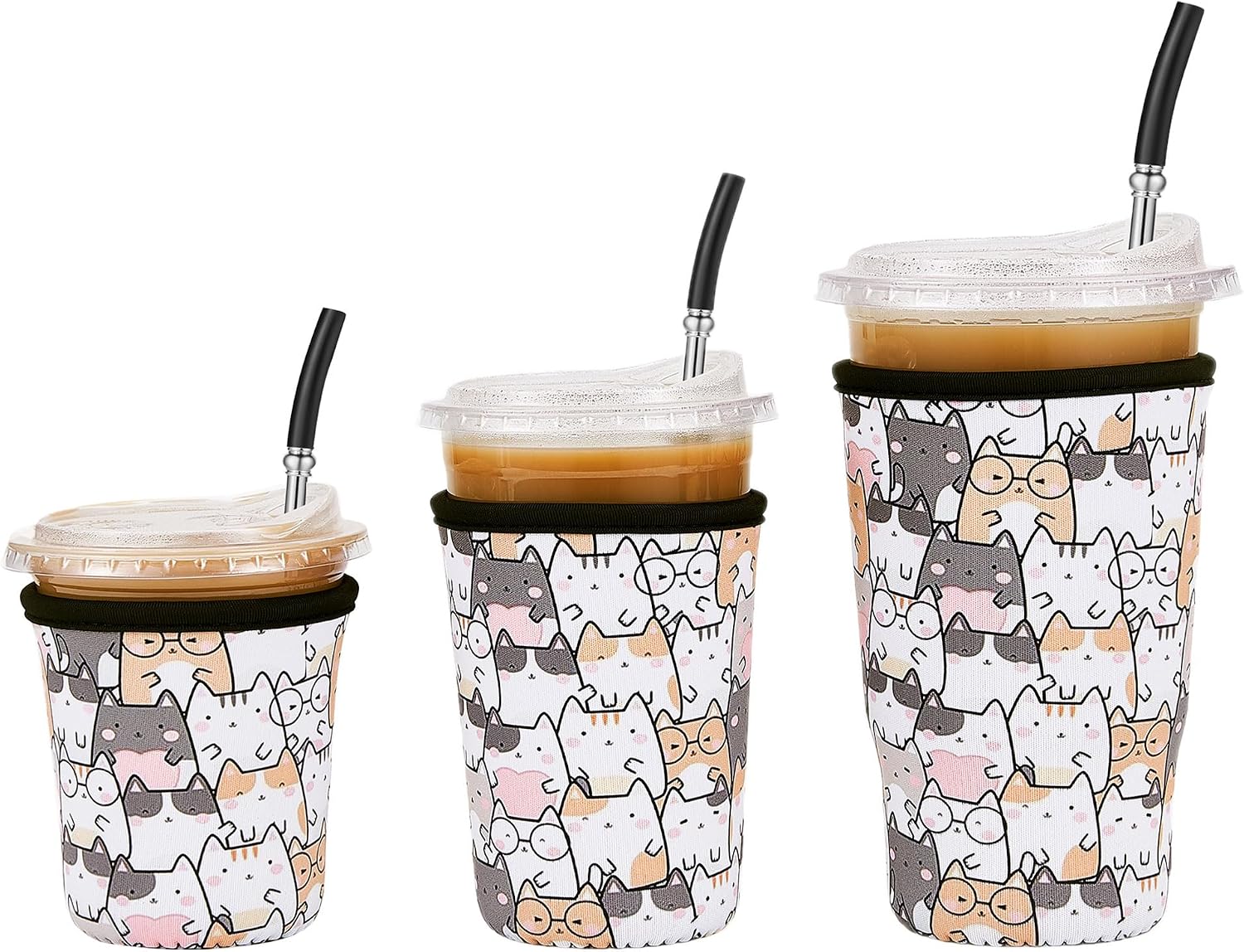 3 Pack Iced Coffee Sleeve Reusable - Neoprene Insulated Cup Sleeve for Cold and Hot Drinks 16-32oz, Keeps Hands Dry and Drinks Cold - Lucky Cat