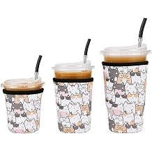 Reusable Insulated Neoprene Iced Coffee Beverage Sleeves Cold Drink Cup Holder for Starbucks Coffee, McCafe, Dunkin Donuts, Tim Hortons and More, Lucky Cat-3 Pack