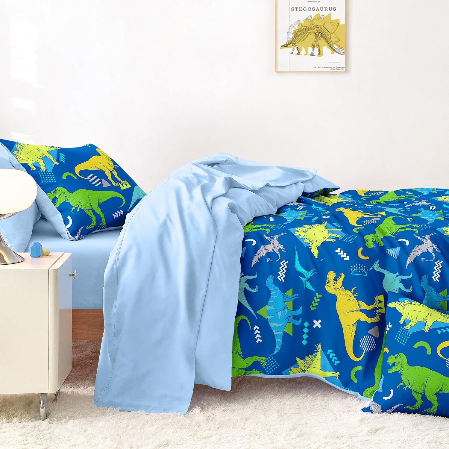 Wake In Cloud - Dinosaur Bedding Set for Boys, Jurassic Dino World Sketch, Soft Lightweight Comforter Set with Sheets, 5 Pieces Kids Bed in a Bag, Royal Blue, Twin Size