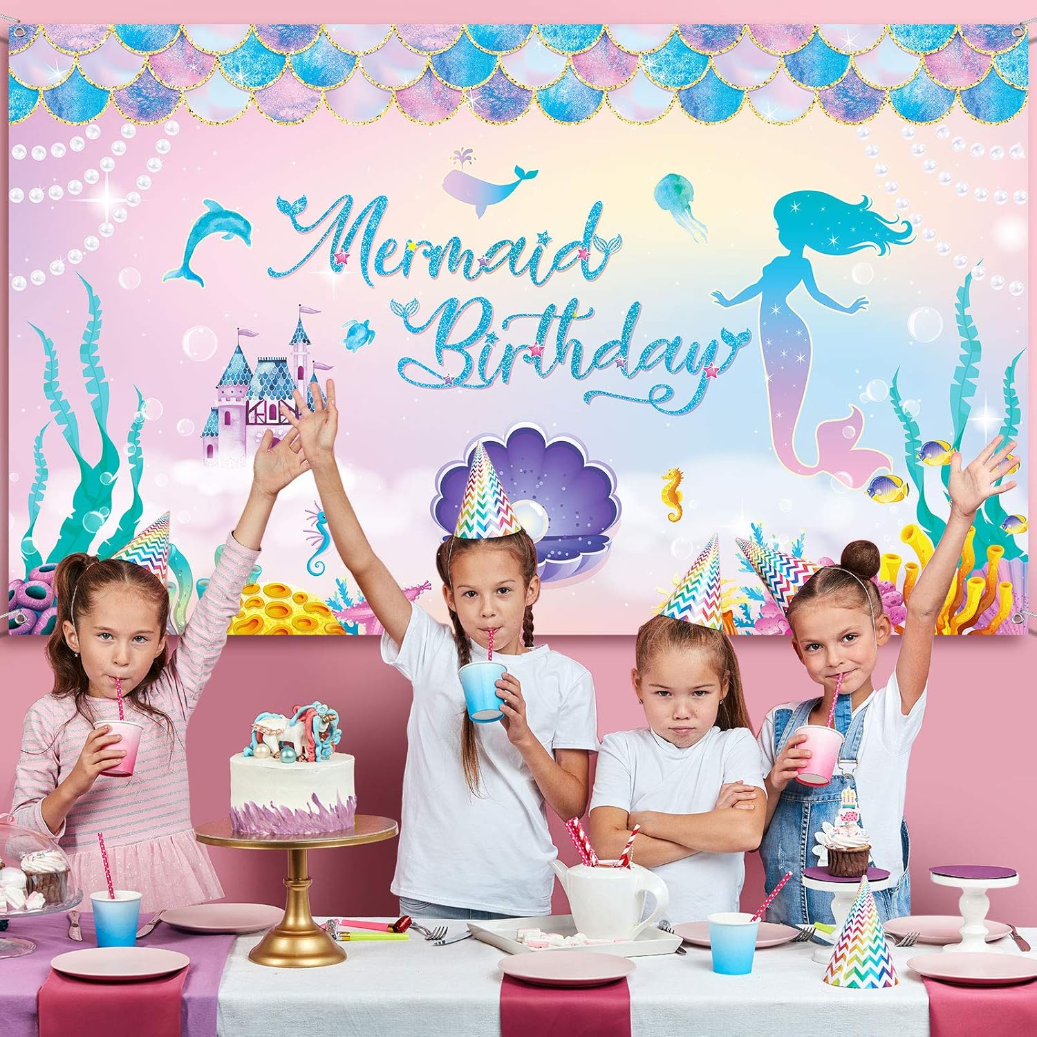 Mermaid Birthday Backdrop Party Decorations Mermaid Backdrop for Girls Birthday Party Photography Background Banner Purple Pink Scales Photo Booth Props, 6 x 3 ft