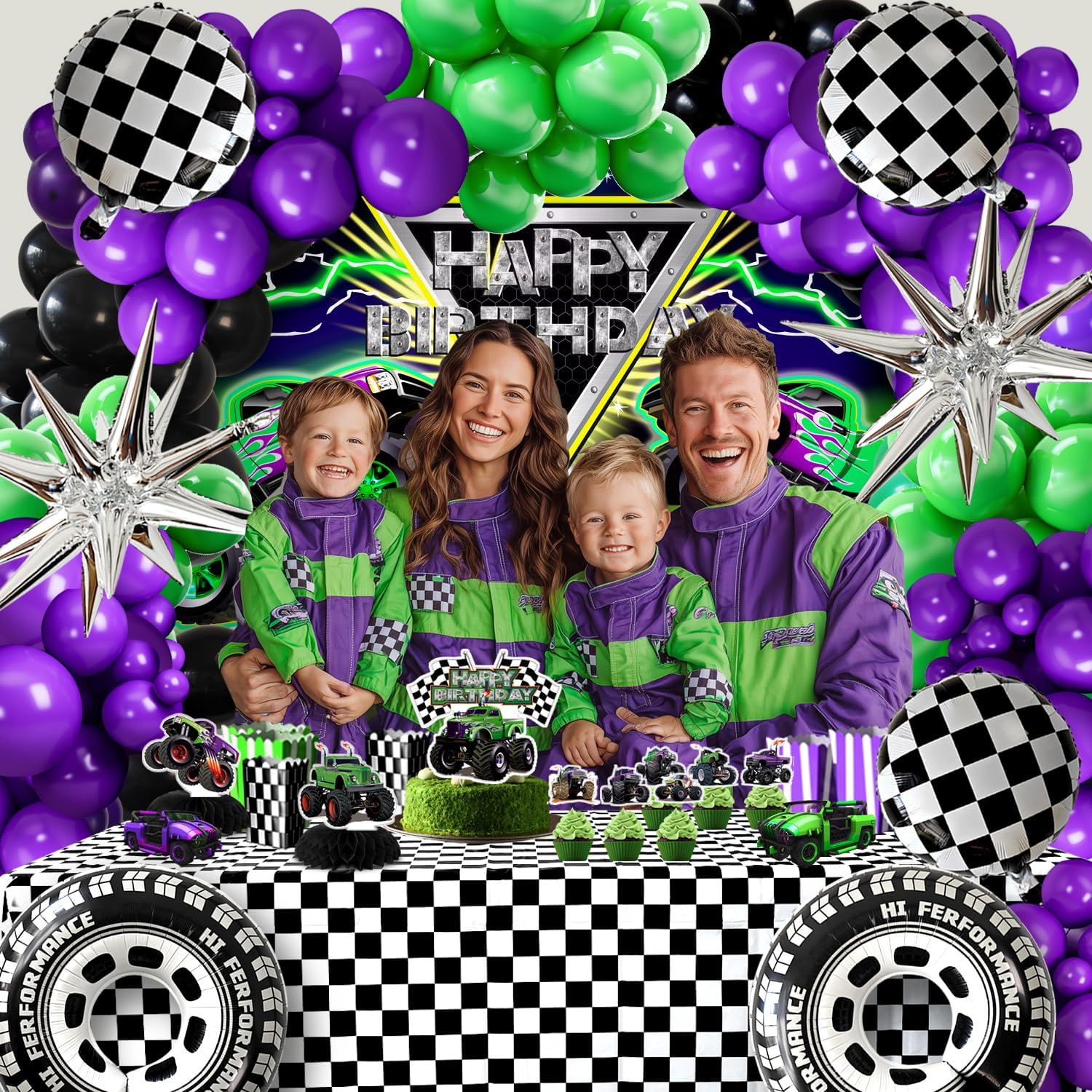 Monster Truck Birthday Party Decorations Racing Balloon Arch kit Large Wheel Checkered Balloon Honeycomb Centerpieces Backdrop Tablecloth Cake Topper