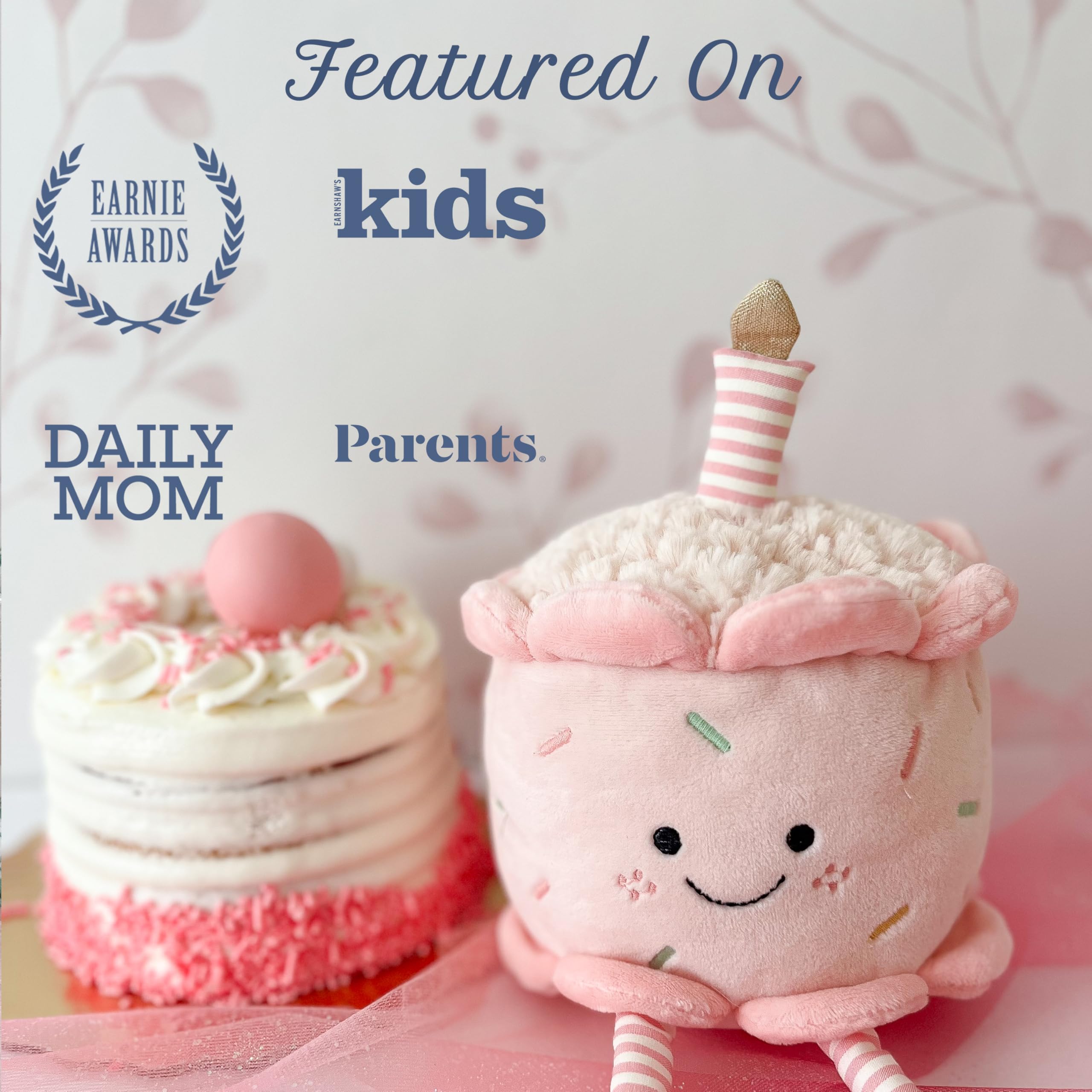 MON AMI  Soft Stuffed Plush Toy – 7”, Handcrafted Squishable Fruit Plushie, Use as Toy or Nursery Room Décor, Great Gift for Kids of All Ages: Birthday Cake (Pink)