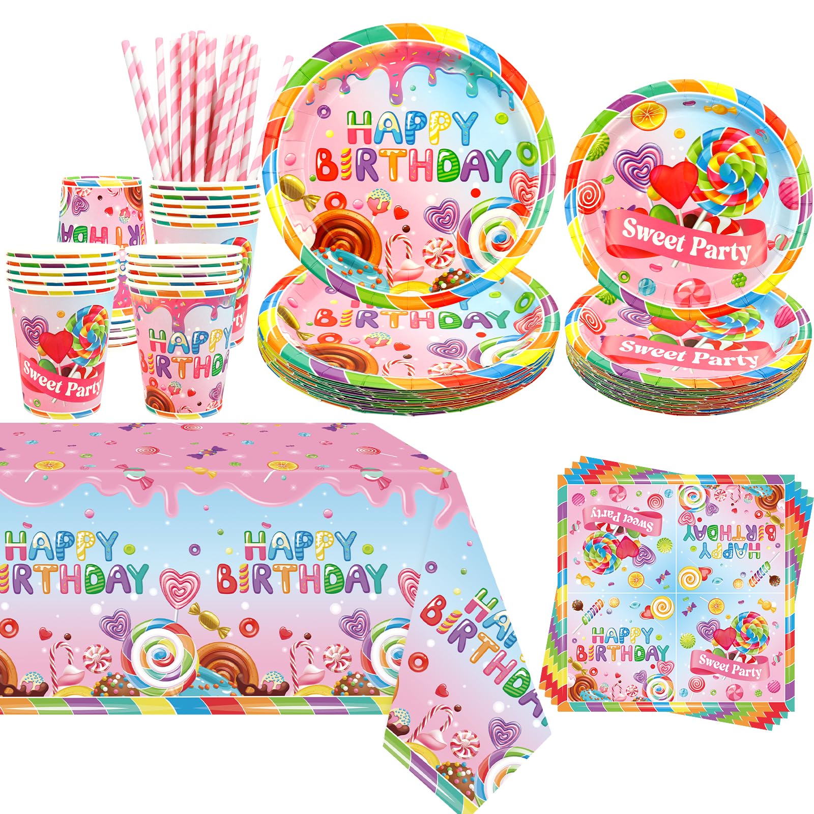 Obussgar Candy Party Decoration - Candy Party Tableware Supplies Includes Plates, Cups, Napkins, Tablecloth, Straws - Serves 20