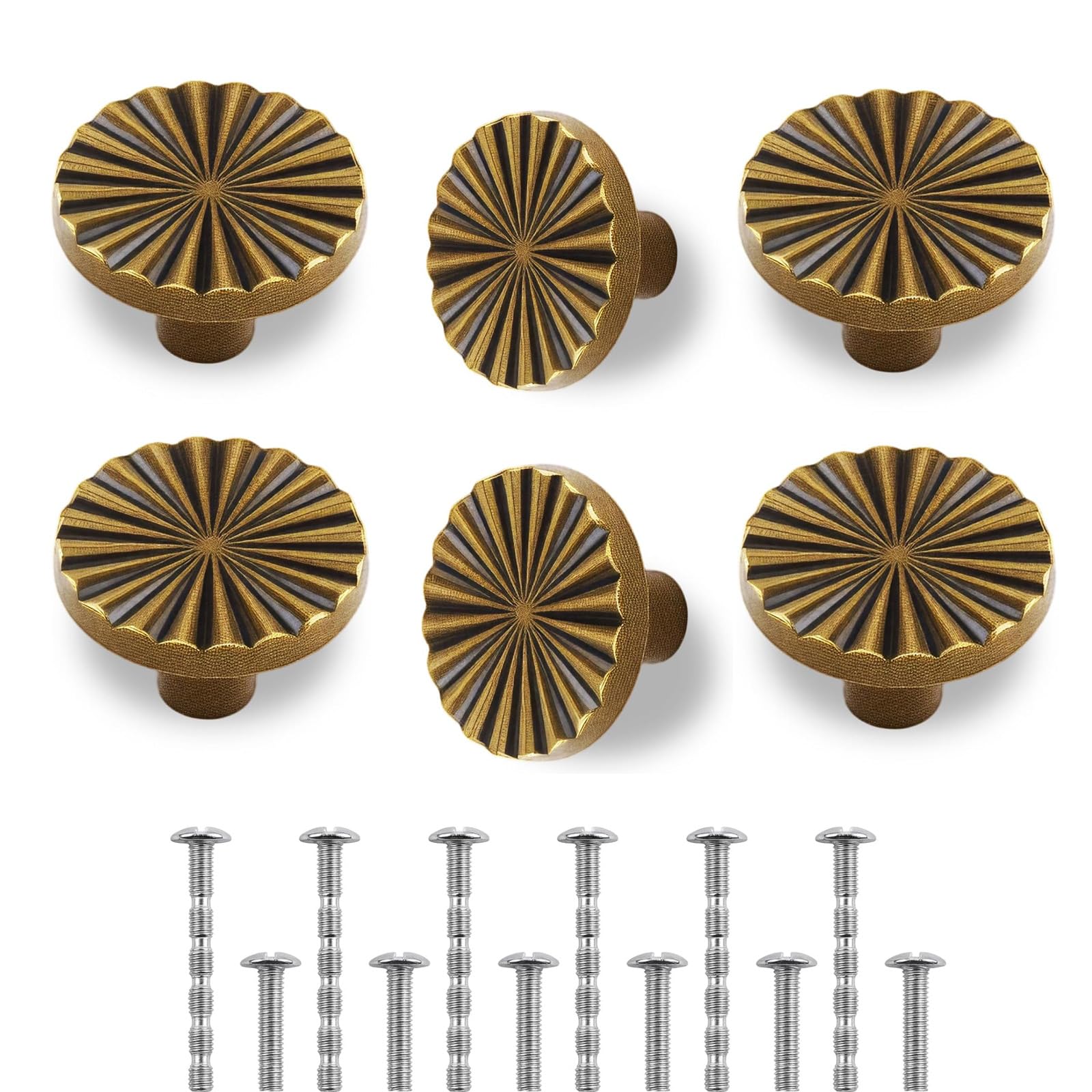6 Pack Brass Door Knobs, Circular flat drawer handle,with Screws|30x20mm