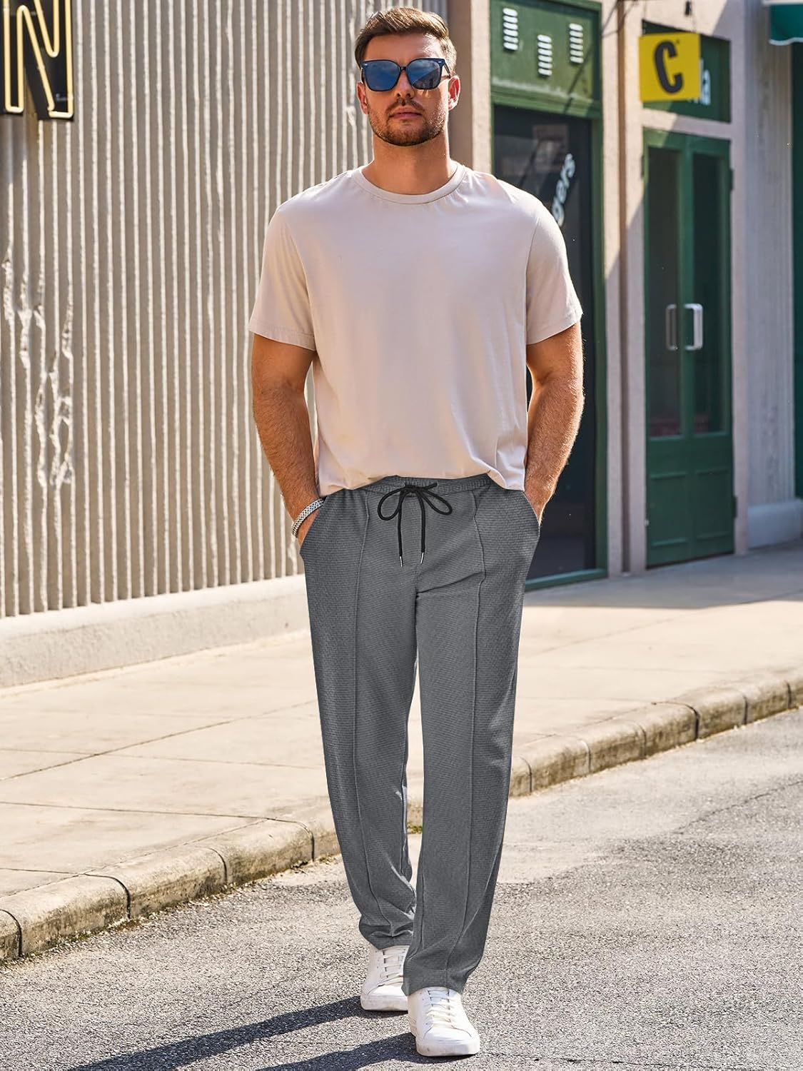 Runcati Mens Casual Sweat Pants Pleated Drawstring Elastic Waist Waffle Straight Leg Joggers Sweatpants with Pockets - Image 4