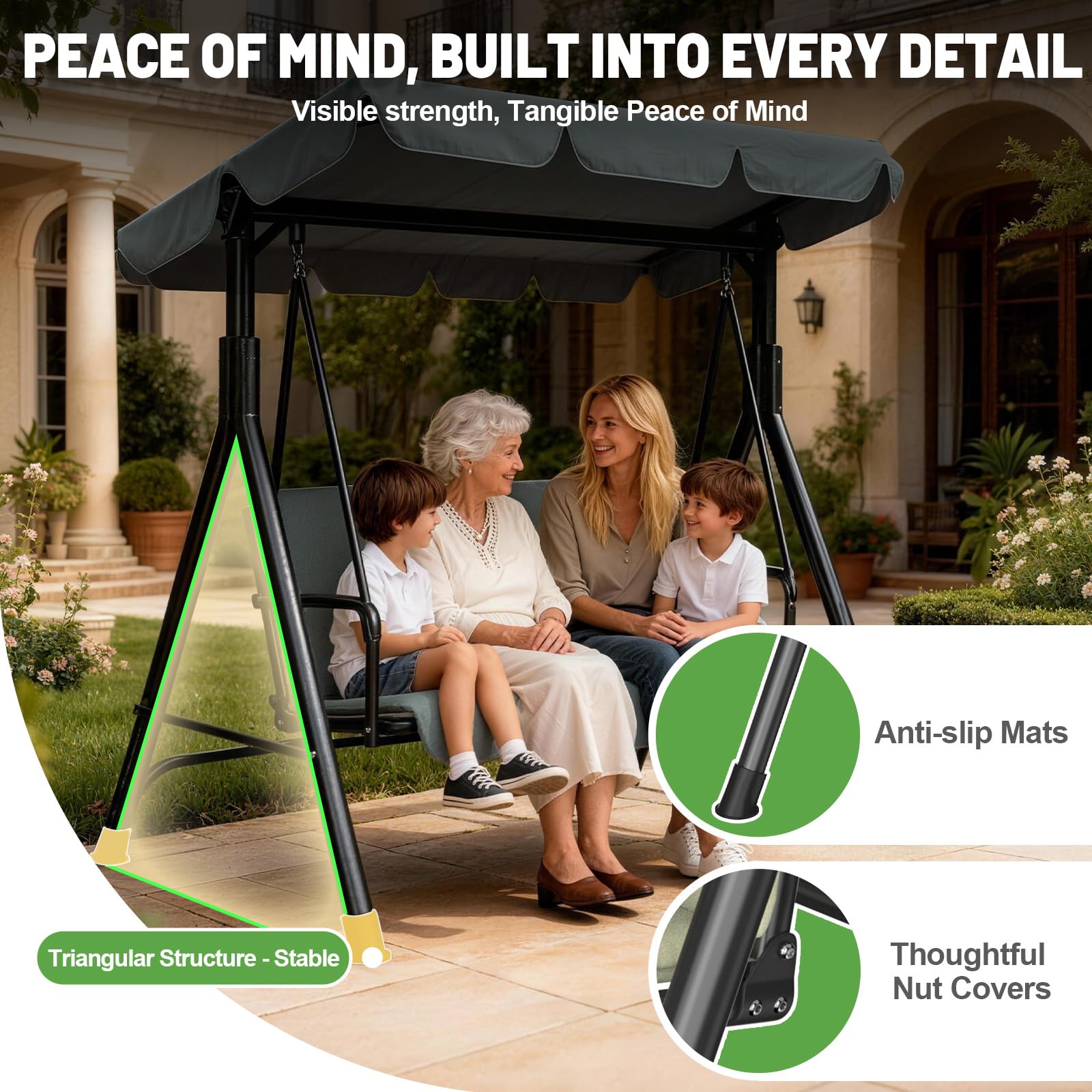 Balancelle de Jardin 3 Places avec Toit Réglable – Balançoire Extérieure avec Coussin Confortable, Capacité 200kg – Dimensions 193x110x152cm (Anthracite)