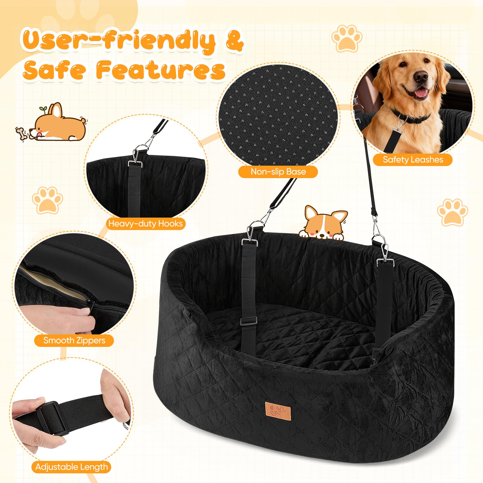 Siège Auto pour Chien 78x52x36CM, Panier Chien Voiture avec Siège Amovible, Corde de Sécurité & Base Antidérapante et Housse Amovible, Siège Auto pour Grands Chiens Lourds (Rond)