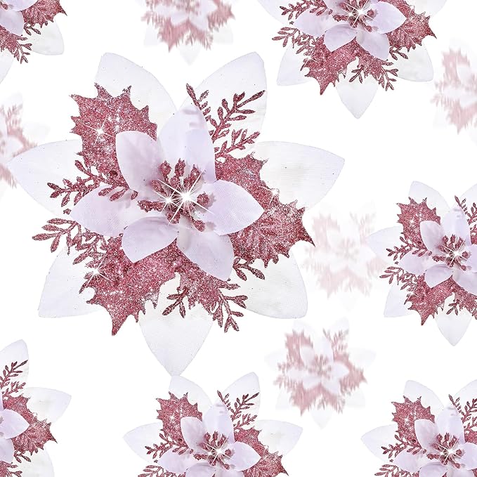 24 Christmas Glitter Artificial Poinsettia Flowers Xmas Poinsettia Artificial Wedding Flowers Decorations Xmas Tree Ornaments with Clips for Party Favors, 6 Inch, 4 Inch, 3 Inch (White Pink)