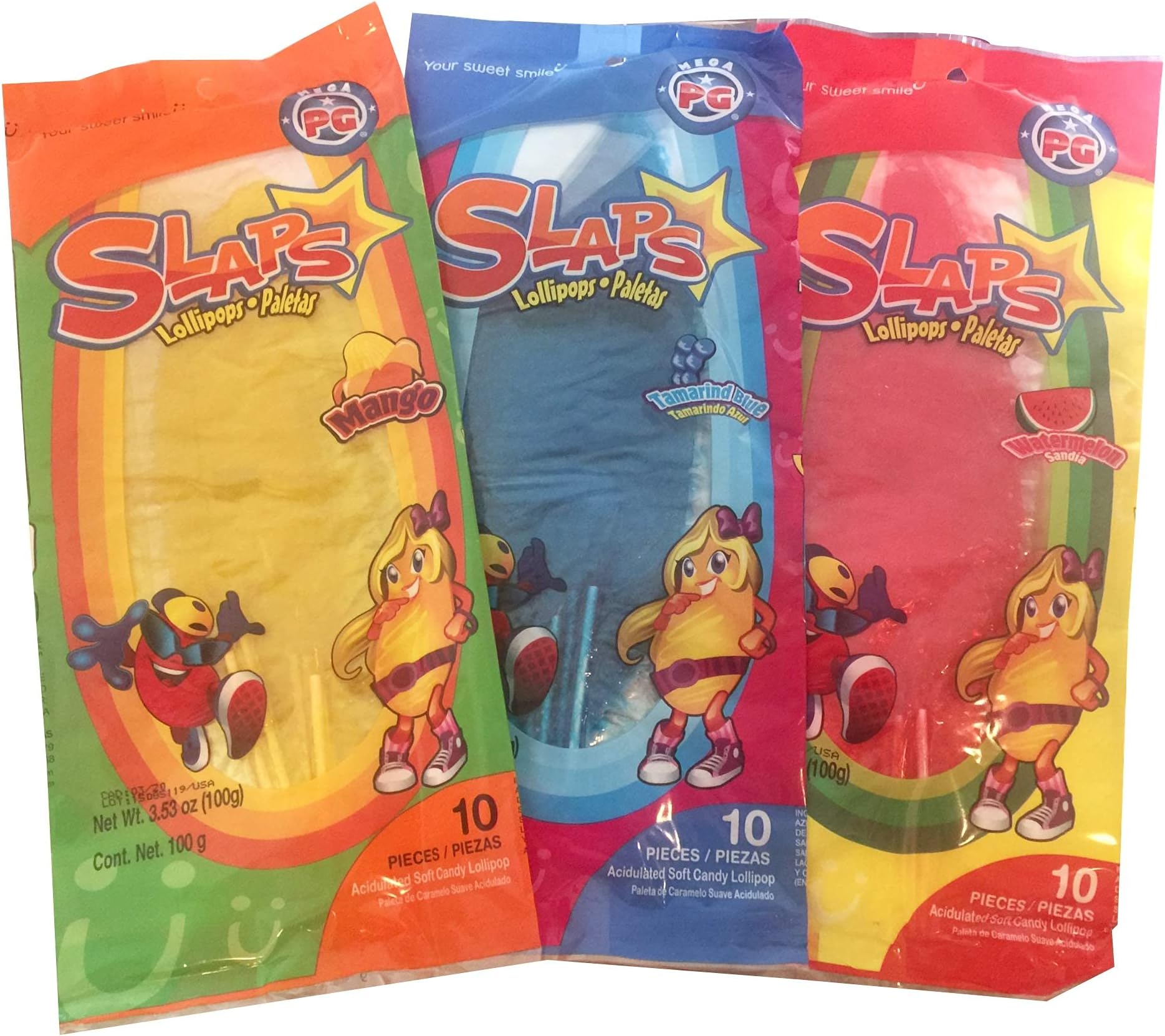 Slaps Paletas / Lollipops, Mango, Sandia (Watermelon) and Tamarindo Azul (Tamarind Blue), 10 Piezes (Pieces) Each, 30 Piezes (Pieces) Total, 300 Grams, 10.59 Ounces Total - PACK OF 10