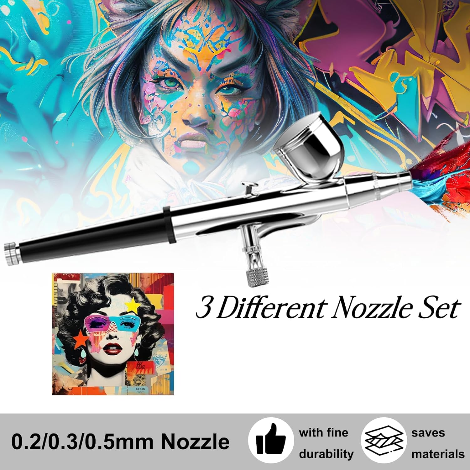 MADETEC Professional Nail Art Airbrush Kit with Compressor - 3 Adjustable PSI (25/35/48), Stable Pressure, 0.2/0.3/0.5mm Nozzles, Non-Clogging for Nail Art, Painting, Model, Cake ect White - Image 4