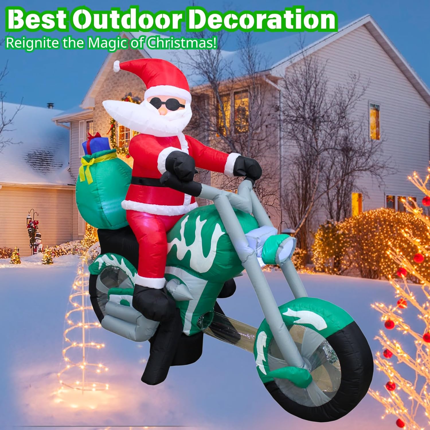 PTS 6FT Inflatable Motorcycle with Santa Outdoor Decoration, Christmas Blow Up Yard Decorations, Built-in LED Lights Inflatables Xmas Holiday Funny Decor for Indoor Lawn Garden